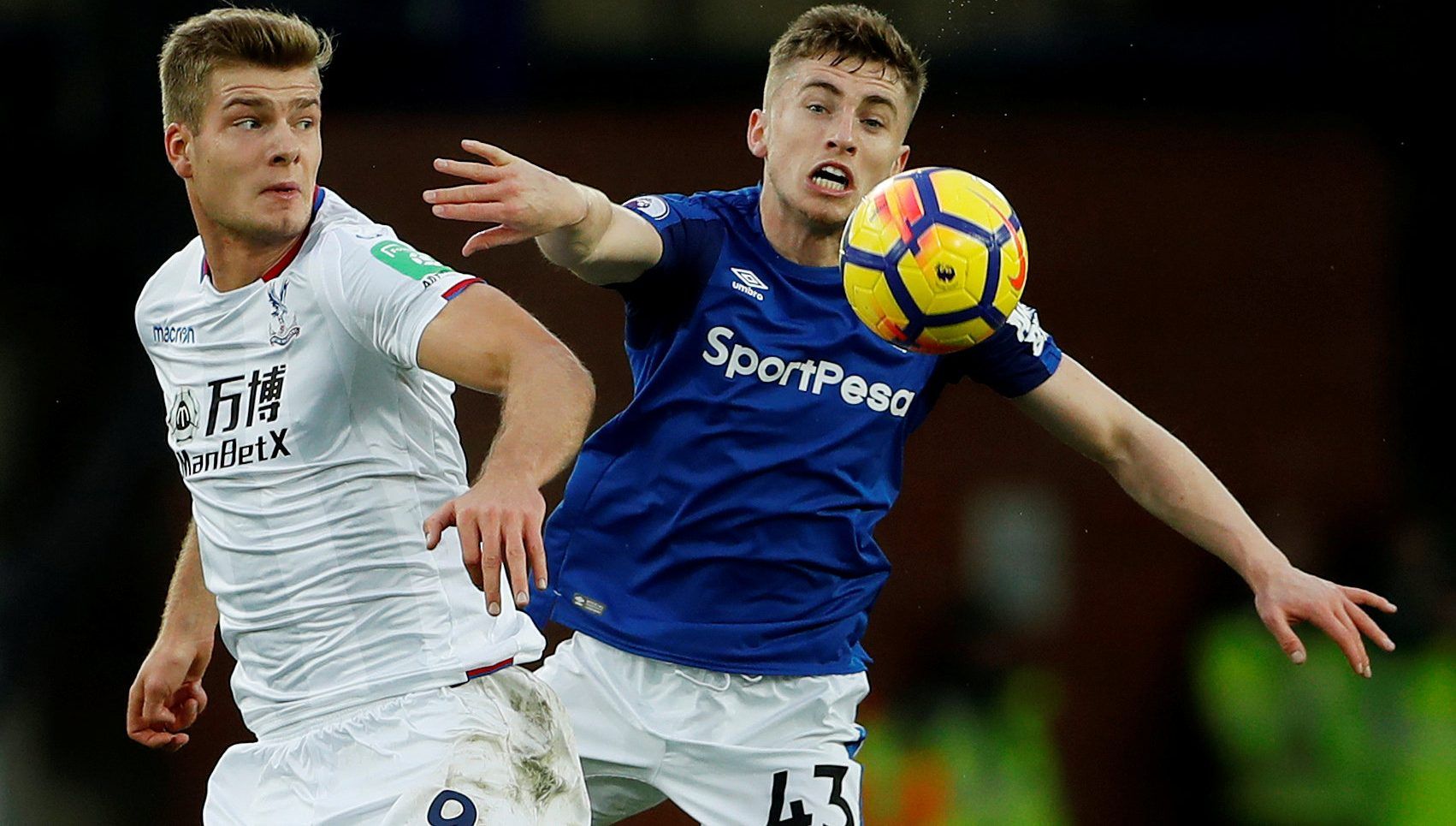 Soccer Football - Premier League - Everton vs Crystal Palace - Goodison Park, Liverpool, Britain - February 10, 2018   Crystal Palace's Alexander Sorloth in action with Everton's Jonjoe Kenny   Action Images via Reuters/Lee Smith    EDITORIAL USE ONLY. No use with unauthorized audio, video, data, fixture lists, club/league logos or 