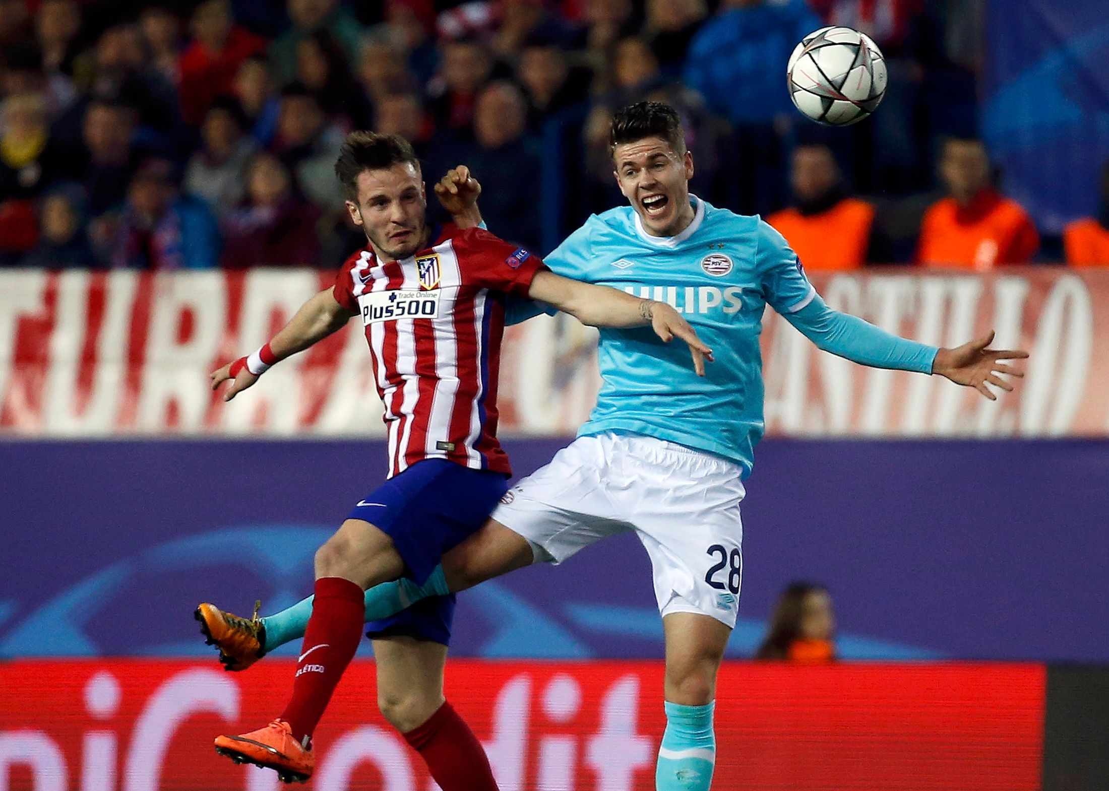 Football Soccer - Atletico Madrid v PSV Eindhoven  - UEFA Champions League Round of 16 Second Leg - Vicente Calderon stadium, Madrid, Spain - 15/3/16 Atletico Madrid's Saul Niguez in action against PSV Eindhoven's Marco van Ginkel.    REUTERS/Susana Vera   
Picture Supplied by Action Images