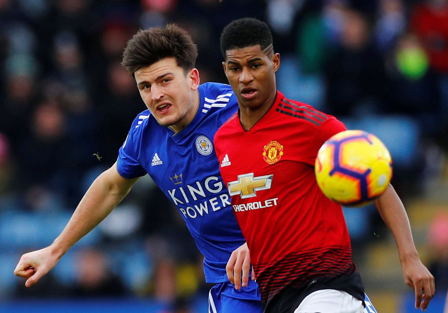 Soccer Football - Premier League - Leicester City v Manchester United - King Power Stadium, Leicester, Britain - February 3, 2019   Manchester United's Marcus Rashford in action with Leicester City's Harry Maguire    REUTERS/Eddie Keogh    EDITORIAL USE ONLY. No use with unauthorized audio, video, data, fixture lists, club/league logos or 