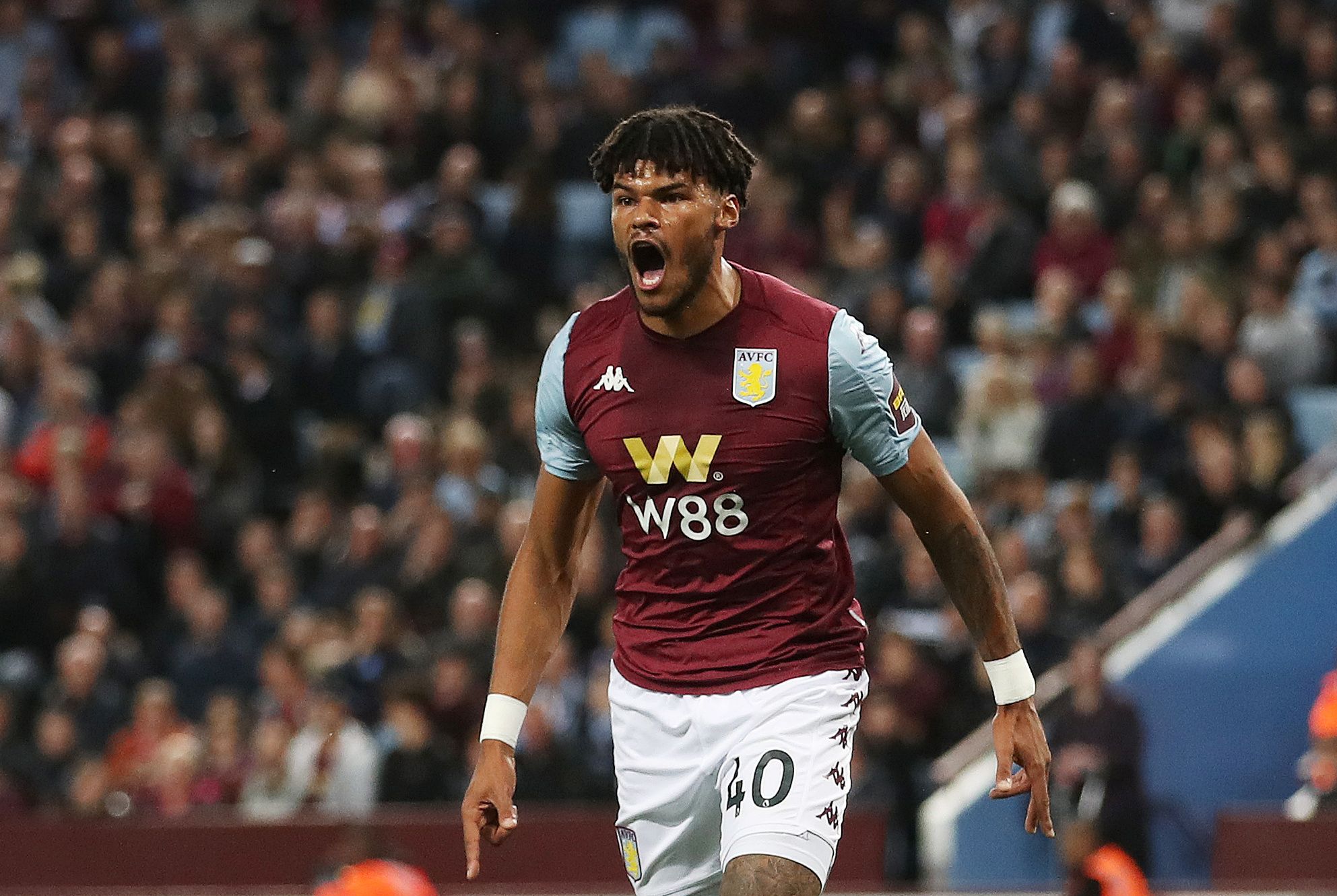 Soccer Football - Premier League - Aston Villa v West Ham United - Villa Park, Birmingham, Britain - September 16, 2019   Aston Villa's Tyrone Mings reacts to teammate Anwar El Ghazi   Action Images via Reuters/Carl Recine    EDITORIAL USE ONLY. No use with unauthorized audio, video, data, fixture lists, club/league logos or 