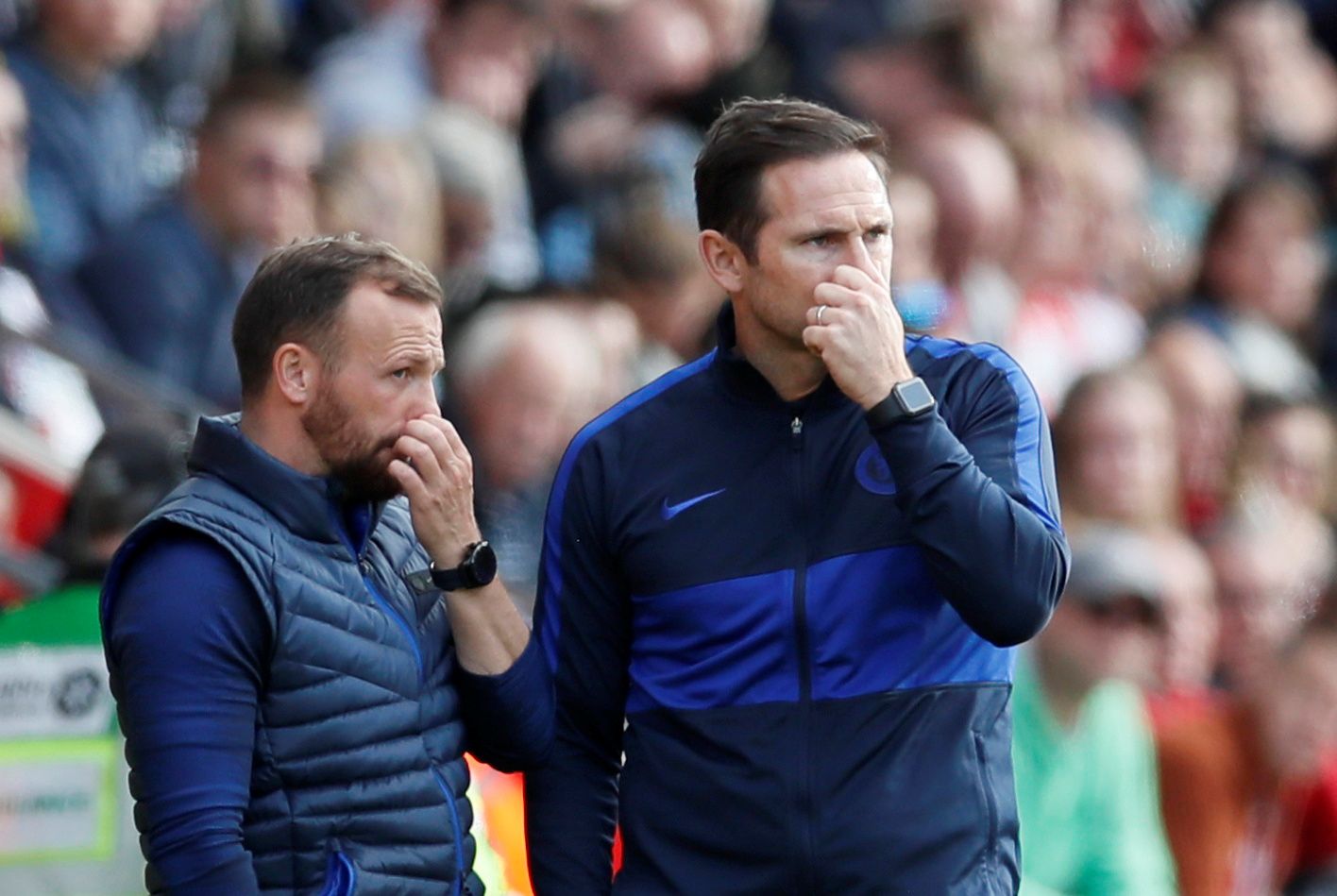 Soccer Football - Premier League - Southampton v Chelsea - St Mary's Stadium, Southampton, Britain - October 6, 2019  Chelsea manager Frank Lampard and assistant manager Jody Morris look on  REUTERS/David Klein  EDITORIAL USE ONLY. No use with unauthorized audio, video, data, fixture lists, club/league logos or 