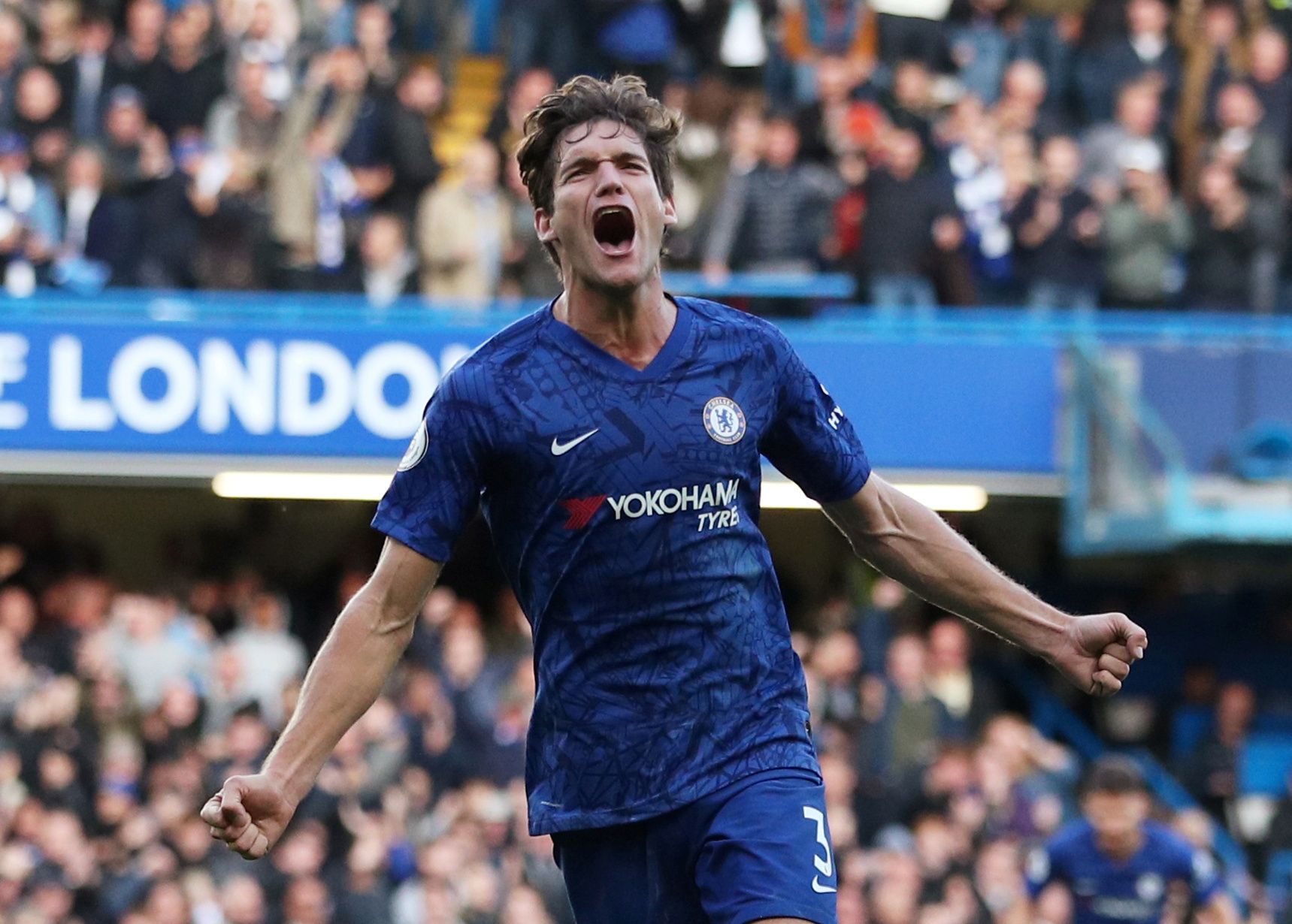Soccer Football - Premier League - Chelsea v Newcastle United - Stamford Bridge, London, Britain - October 19, 2019  Chelsea's Marcos Alonso celebrates scoring their first goal        REUTERS/Hannah McKay  EDITORIAL USE ONLY. No use with unauthorized audio, video, data, fixture lists, club/league logos or 