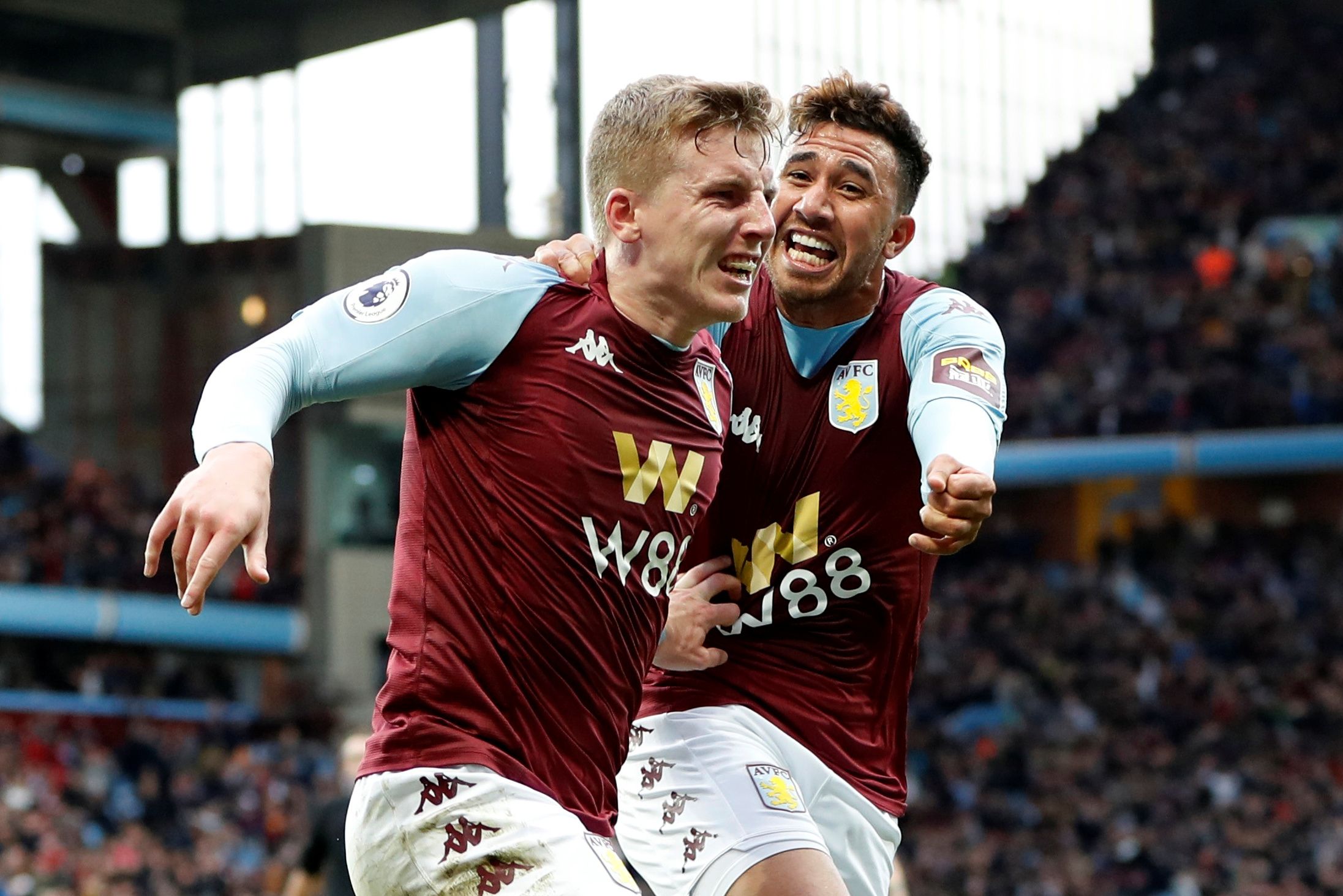 Soccer Football - Premier League - Aston Villa v Brighton &amp; Hove Albion - Villa Park, Birmingham, Britain - October 19, 2019  Aston Villa's Matt Targett celebrates scoring their second goal            Action Images via Reuters/Paul Childs  EDITORIAL USE ONLY. No use with unauthorized audio, video, data, fixture lists, club/league logos or "live" services. Online in-match use limited to 75 images, no video emulation. No use in betting, games or single club/league/player publications.  Please 