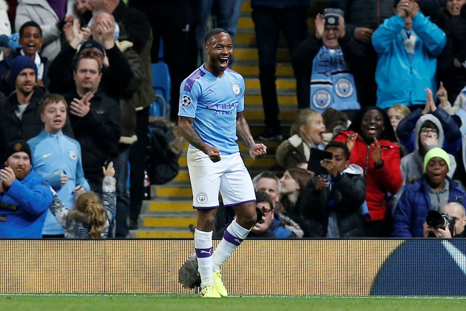 Soccer Football - Champions League - Group C - Manchester City v Atalanta - Etihad Stadium, Manchester, Britain - October 22, 2019  Manchester City's Raheem Sterling celebrates scoring their fifth goal and completing his hat-trick  REUTERS/Andrew Yates