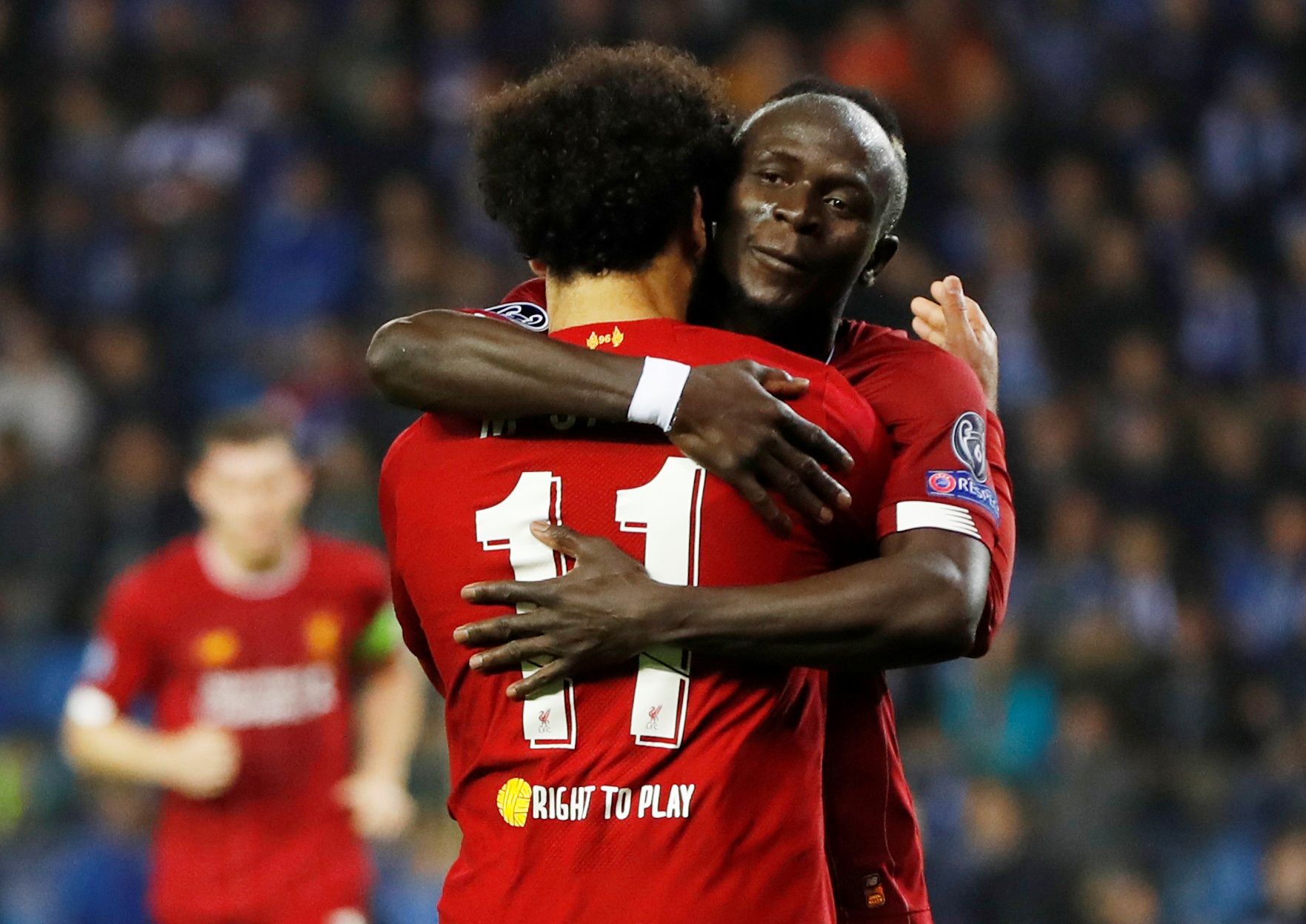 Soccer Football - Champions League - Group E - KRC Genk v Liverpool - Luminus Arena, Genk, Belgium - October 23, 2019   Liverpool's Mohamed Salah celebrates scoring their fourth goal with teammate Sadio Mane    Action Images via Reuters/Paul Childs