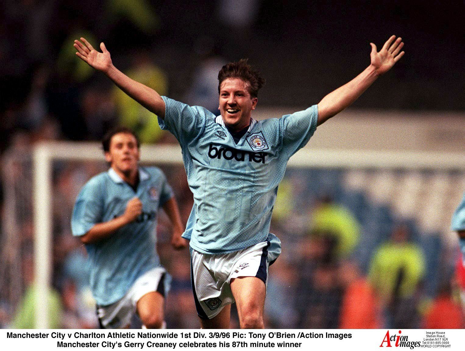 Manchester City v Charlton Athletic Nationwide 1st Div. 3/9/96 Pic: Tony O'Brien /Action Images 
Manchester City's Gerry Creaney celebrates his 87th minute winner