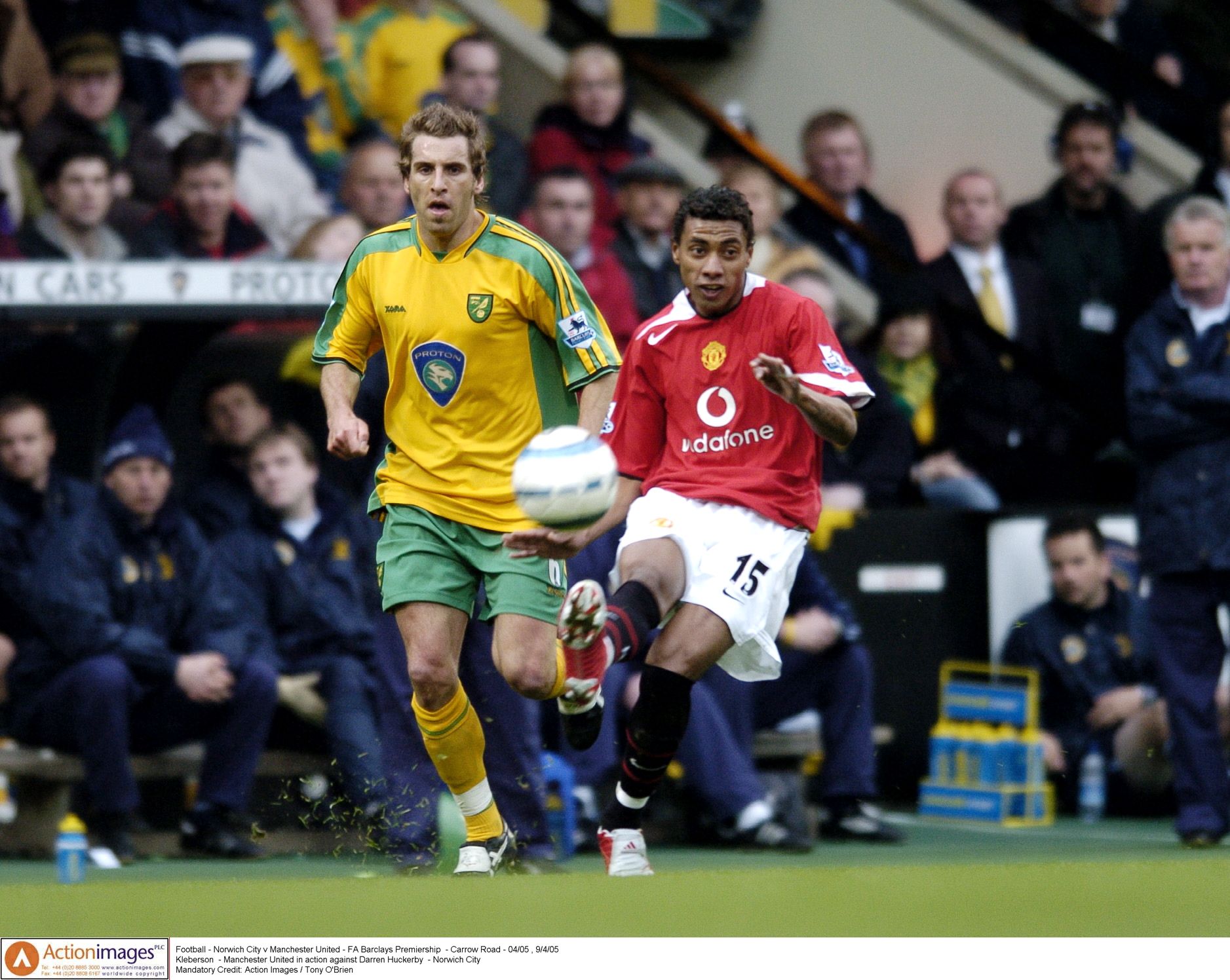 Football - Norwich City v Manchester United - FA Barclays Premiership  - Carrow Road - 04/05 , 9/4/05 
Kleberson  - Manchester United in action against Darren Huckerby  - Norwich City 
Mandatory Credit: Action Images / Tony O'Brien 
NO ONLINE/INTERNET USE WITHOUT A LICENCE FROM THE FOOTBALL DATA CO LTD. FOR LICENCE ENQUIRIES PLEASE TELEPHONE +44 207 298 1656.