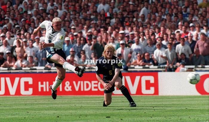 England v Scotland European Championships group match at Wembley Stadium 15th June 1996.

Paul Gascoigne scores goal

Final score: England 2-0 Scotland


STRICTLY NO COMMERCIAL USE. FOR EDITORIAL USE ONLY.  NO ONLINE/INTERNET USE WITHOUT A LICENCE FROM THE FOOTBALL DATA CO LTD