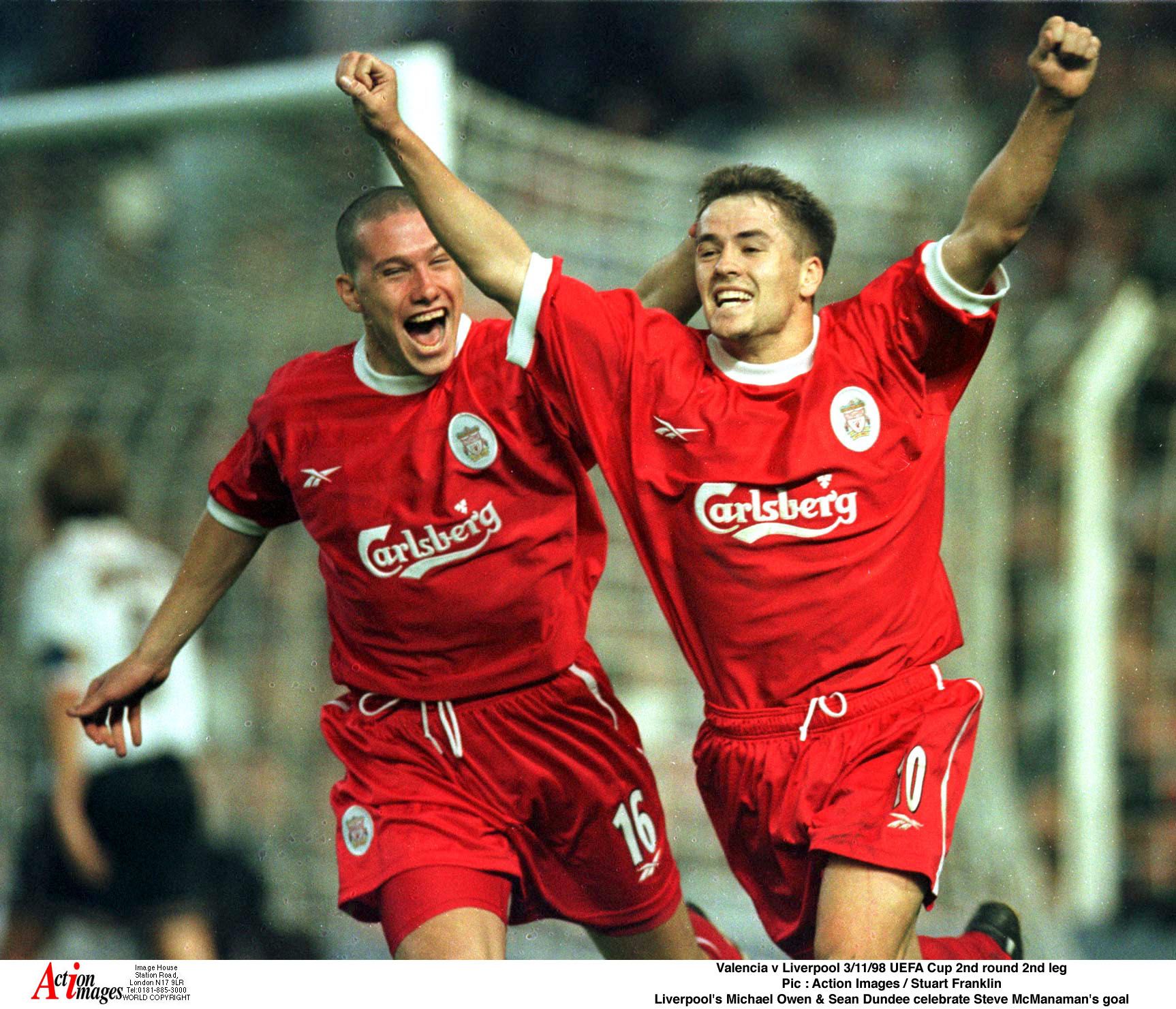 Valencia v Liverpool 3/11/98 UEFA Cup 2nd round 2nd leg 
Pic : Action Images / Stuart Franklin 
Liverpool's Michael Owen &amp; Sean Dundee celebrate Steve McManaman's goal