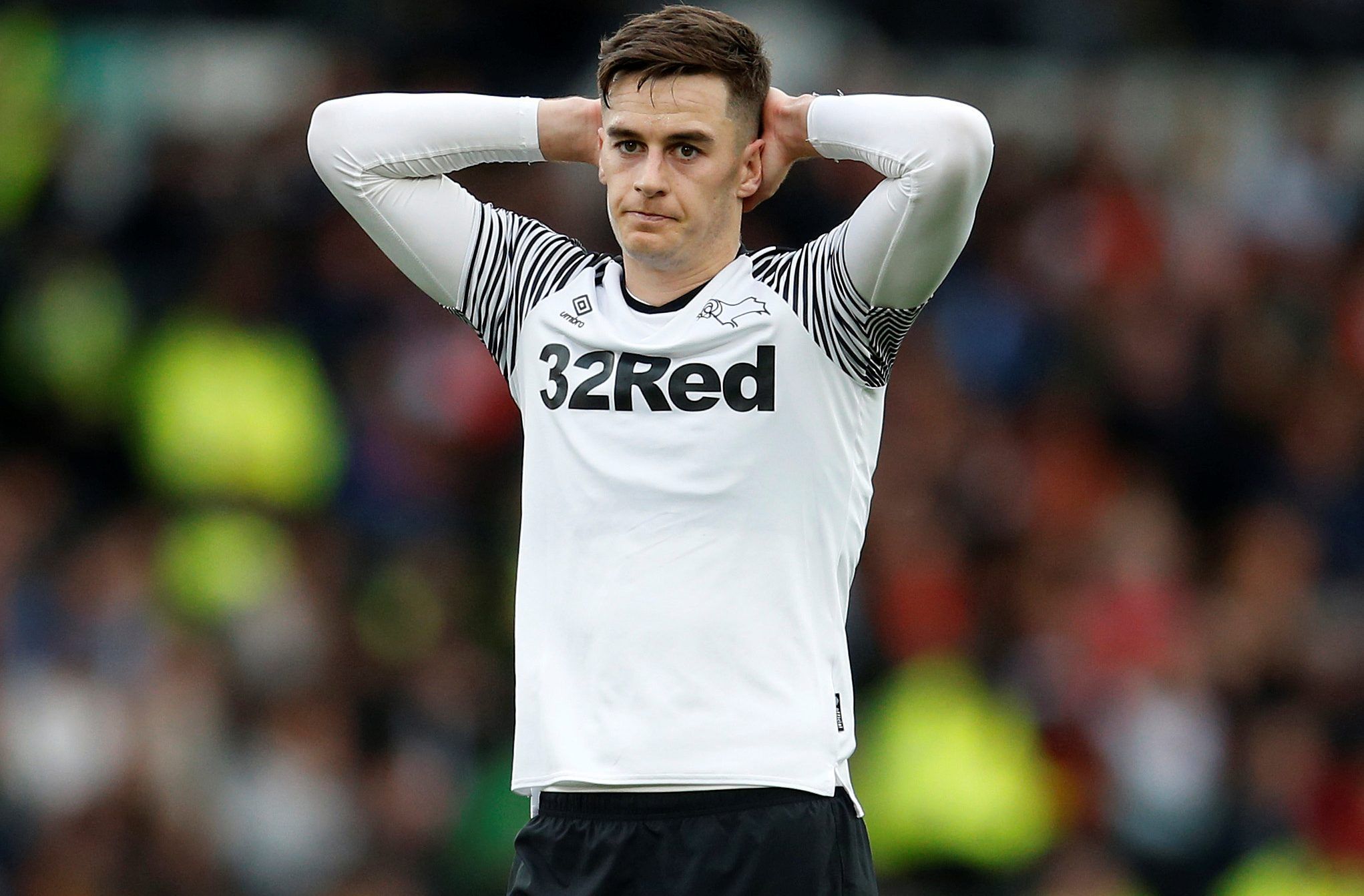 Soccer Football - Championship - Derby County v Luton Town - Pride Park, Derby, Britain - October 5, 2019  Derby County's Tom Lawrence reacts to a missed chance to score  Action Images/Ed Sykes  EDITORIAL USE ONLY. No use with unauthorized audio, video, data, fixture lists, club/league logos or 