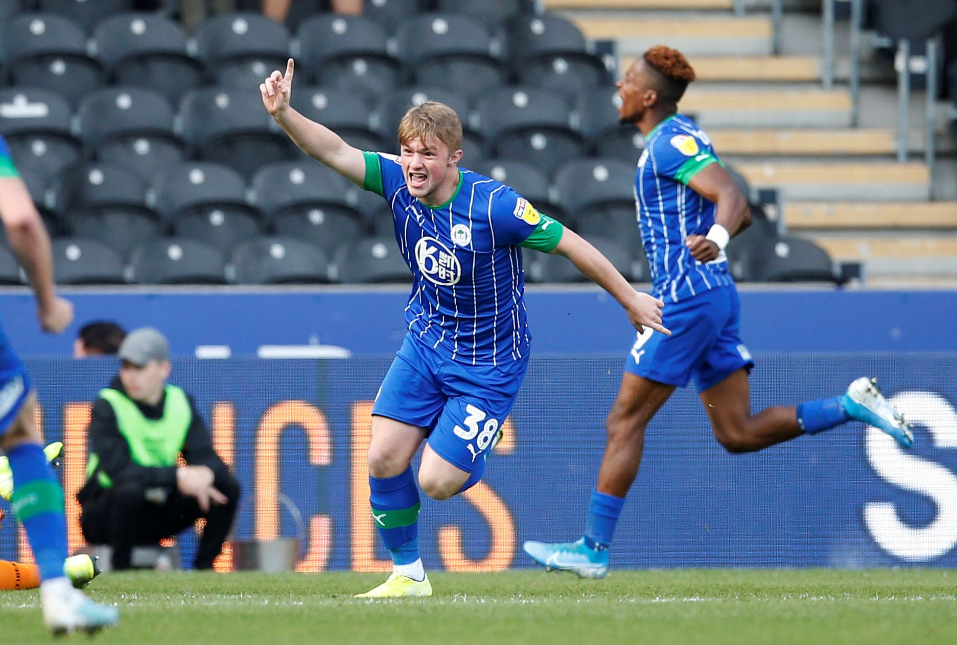 Soccer Football - Championship - Hull City v Wigan Athletic - KCOM Stadium, Hull, Britain - September 14, 2019  Wigan Athletic's Joe Gelhardt celebrates scoring their second goal  Action Images/Ed Sykes  EDITORIAL USE ONLY. No use with unauthorized audio, video, data, fixture lists, club/league logos or 