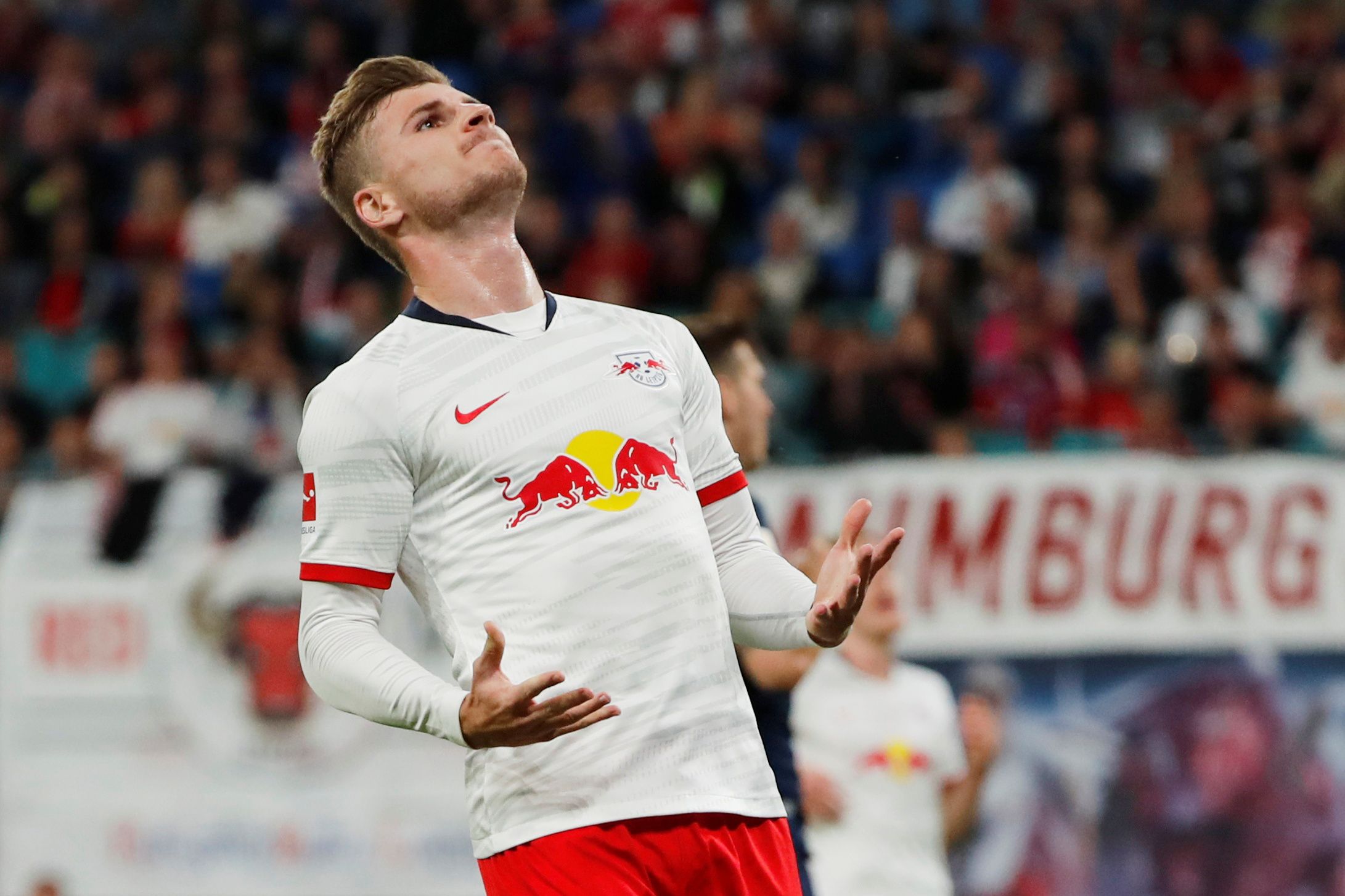 Soccer Football - Bundesliga - RB Leipzig v Bayern Munich - Red Bull Arena, Leipzig, Germany - September 14, 2019  RB Leipzig's Timo Werner reacts after a missed chance  REUTERS/Fabrizio Bensch  DFL regulations prohibit any use of photographs as image sequences and/or quasi-video