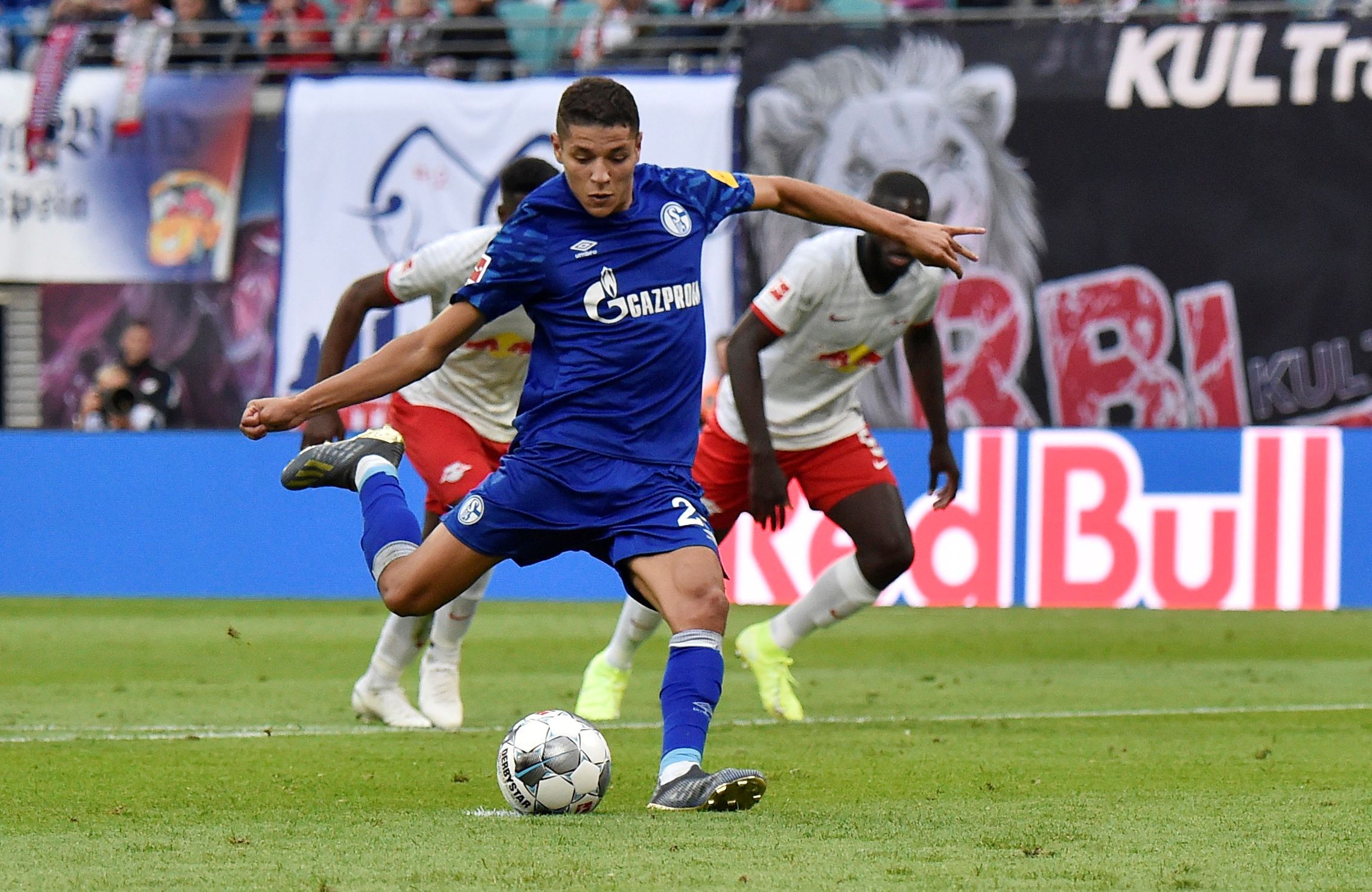 Soccer Football - Bundesliga - RB Leipzig v Schalke 04 - Red Bull Arena, Leipzig, Germany - September 28, 2019  Schalke 04's Amine Harit scores their first goal from the penalty spot                REUTERS/Matthias Rietschel  DFL regulations prohibit any use of photographs as image sequences and/or quasi-video