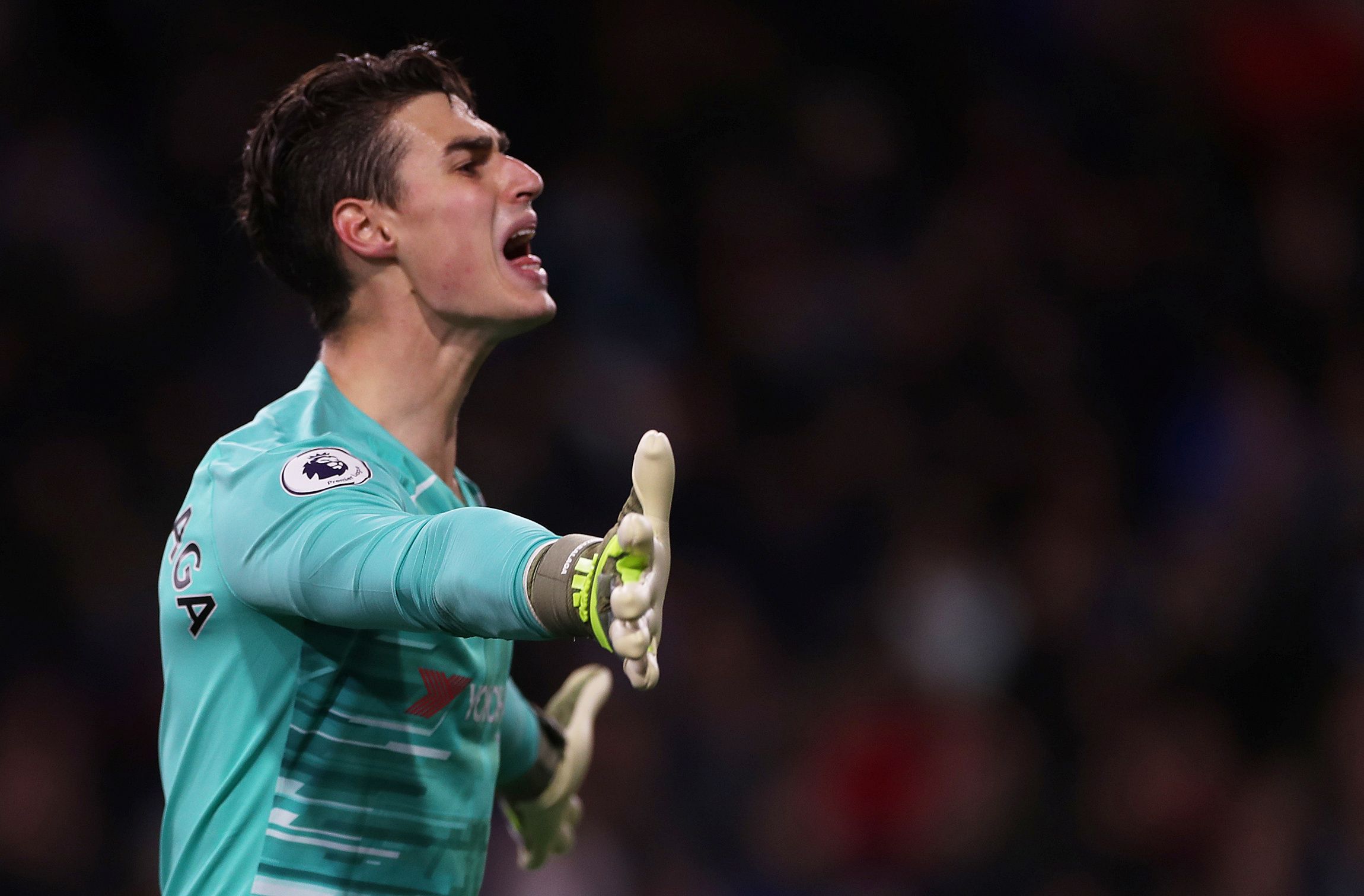 Soccer Football - Premier League - Burnley v Chelsea - Turf Moor, Burnley, Britain - October 26, 2019  Chelsea's Kepa Arrizabalaga gestures    Action Images via Reuters/Lee Smith  EDITORIAL USE ONLY. No use with unauthorized audio, video, data, fixture lists, club/league logos or 