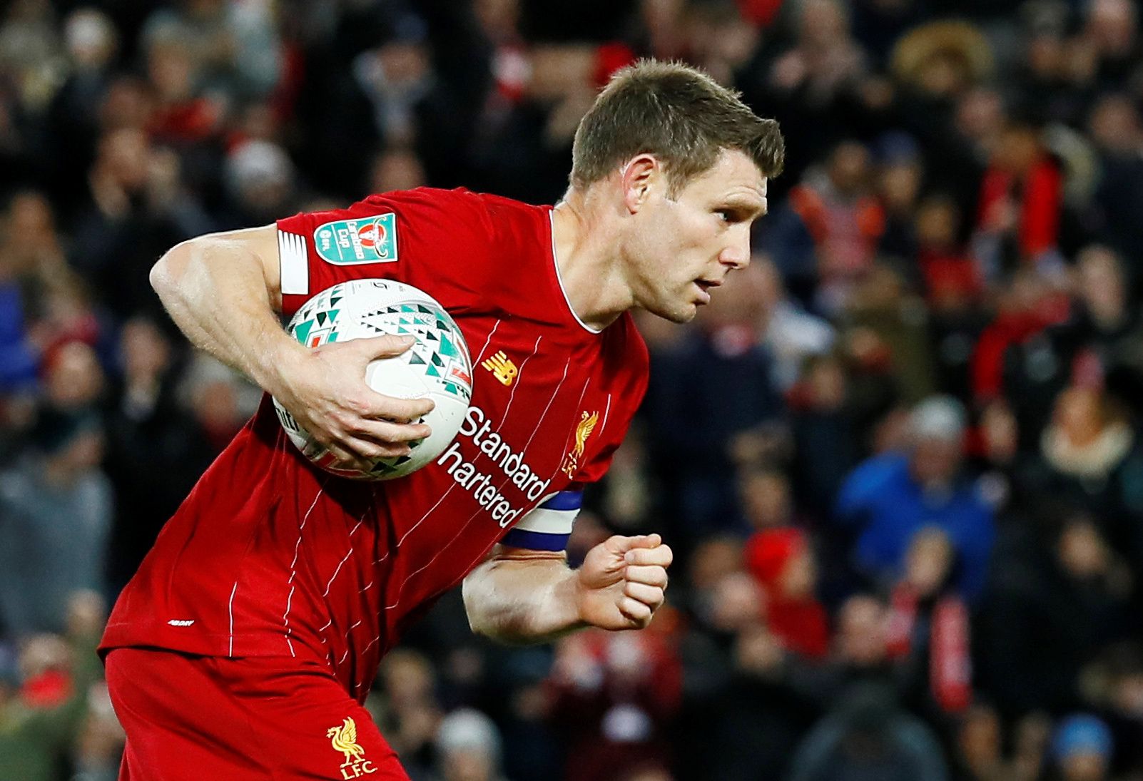Soccer Football - Carabao Cup - Fourth Round - Liverpool v Arsenal - Anfield, Liverpool, Britain - October 30, 2019  Liverpool's James Milner celebrates scoring their second goal   Action Images via Reuters/Jason Cairnduff  EDITORIAL USE ONLY. No use with unauthorized audio, video, data, fixture lists, club/league logos or 