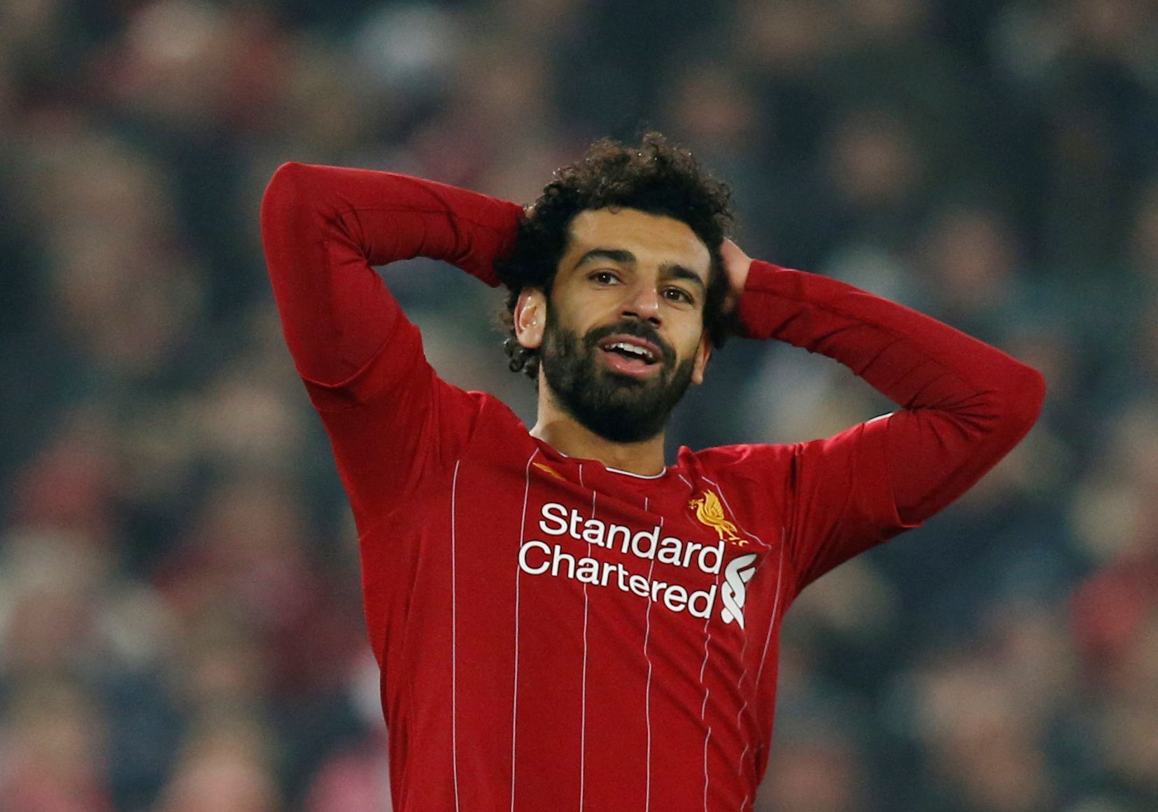 Soccer Football - Champions League - Group E - Liverpool v KRC Genk - Anfield, Liverpool, Britain - November 5, 2019  Liverpool's Mohamed Salah reacts  REUTERS/Andrew Yates