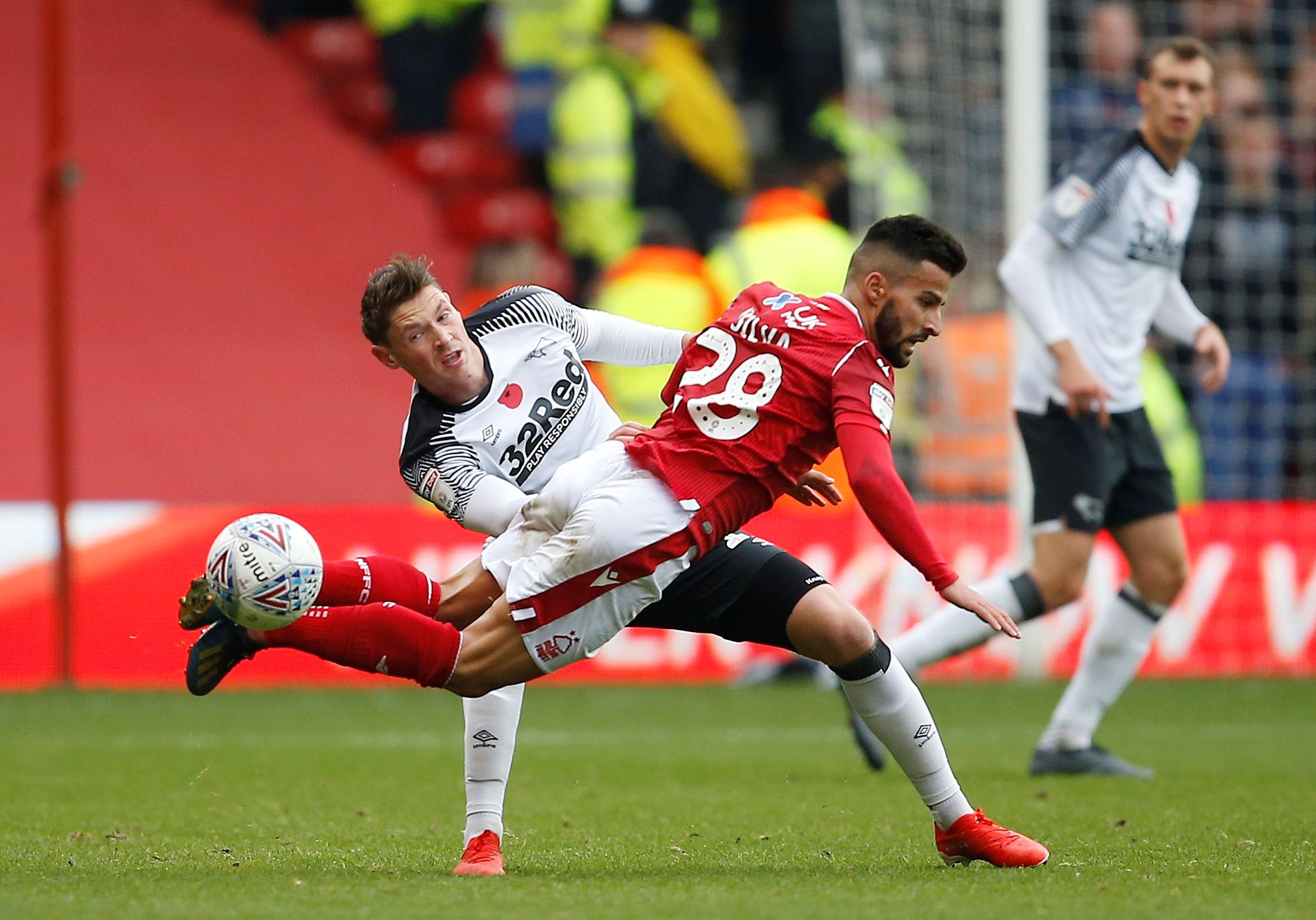 Soccer Football - Championship - Nottingham Forest v Derby County - The City Ground, Nottingham, Britain - November 9, 2019   Nottingham Forest's Tiago Silva in action with Derby County's George Evans    Action Images/Craig Brough  EDITORIAL USE ONLY. No use with unauthorized audio, video, data, fixture lists, club/league logos or 