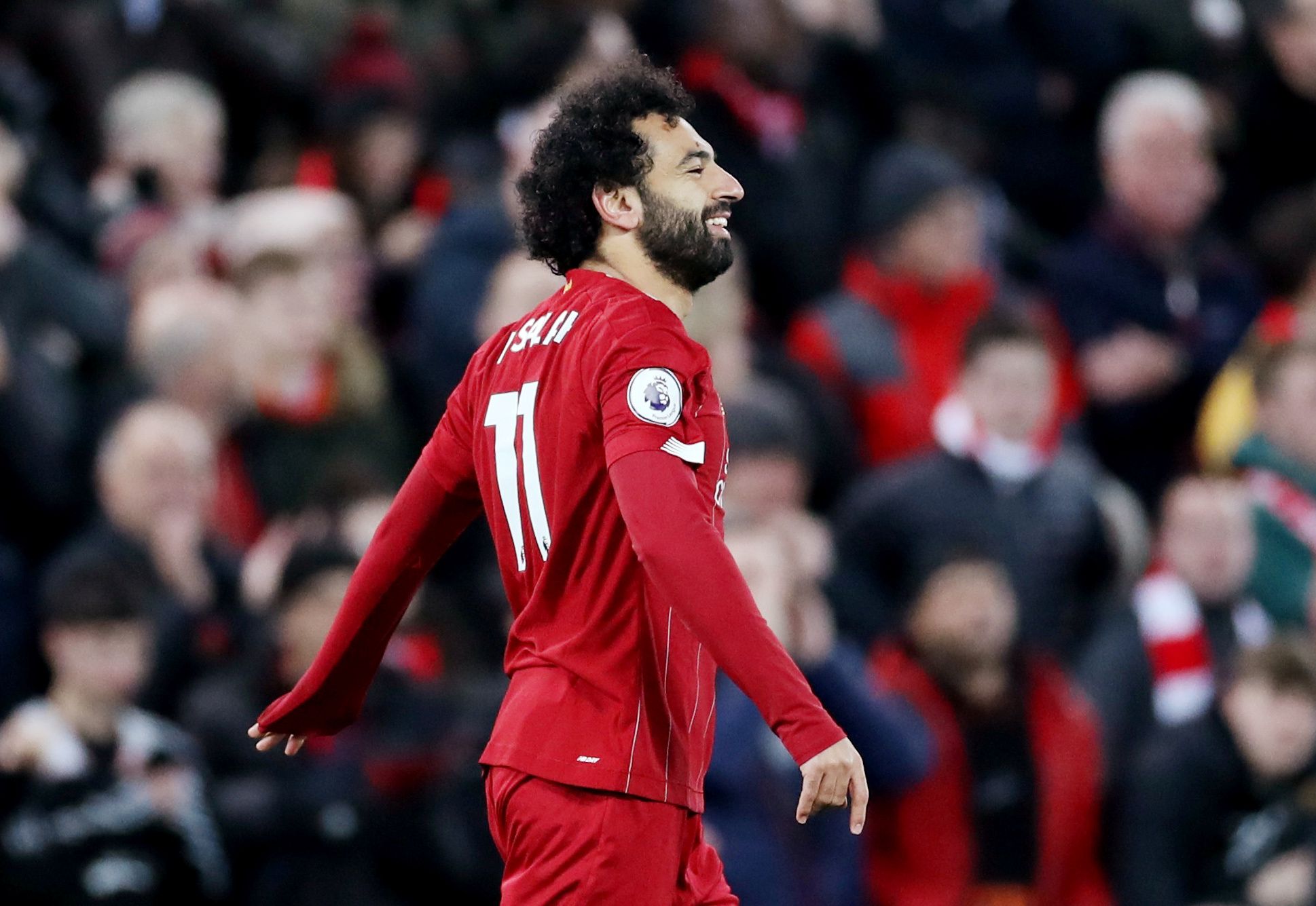Soccer Football - Premier League - Liverpool v Manchester City - Anfield, Liverpool, Britain - November 10, 2019  Liverpool's Mohamed Salah celebrates scoring their second goal   Action Images via Reuters/Carl Recine  EDITORIAL USE ONLY. No use with unauthorized audio, video, data, fixture lists, club/league logos or 