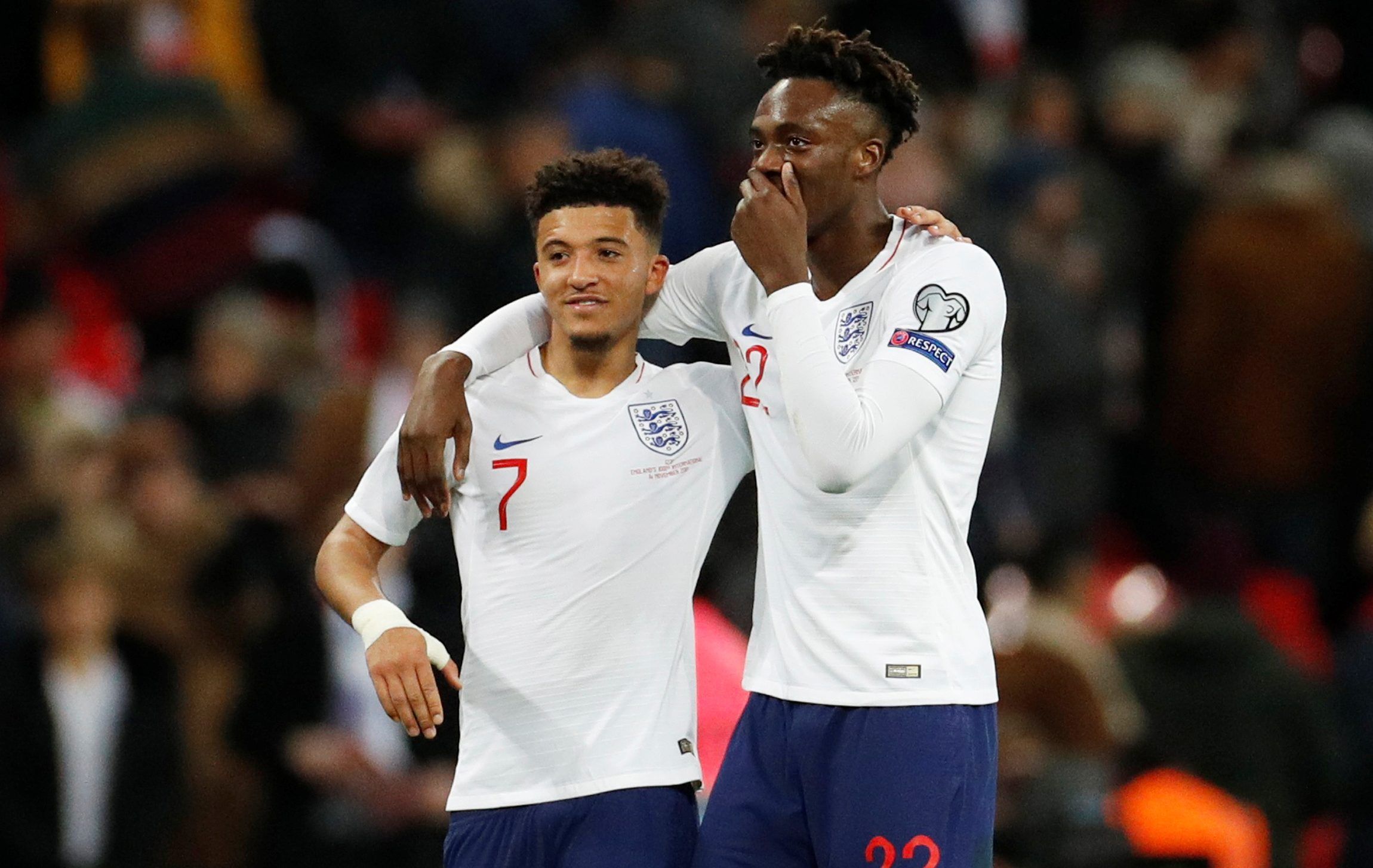 Soccer Football - Euro 2020 Qualifier - Group A - England v Montenegro - Wembley Stadium, London, Britain - November 14, 2019  England's Jadon Sancho and Tammy Abraham celebrate after the match   Action Images via Reuters/John Sibley