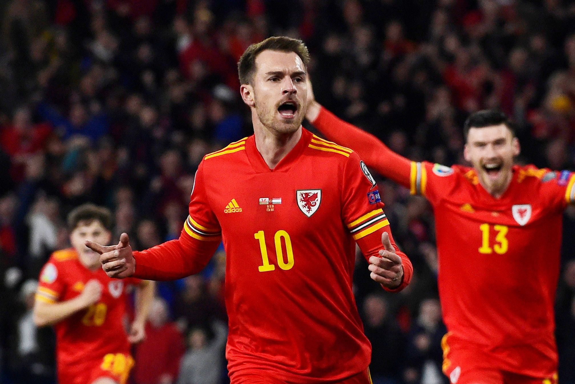 Soccer Football - Euro 2020 Qualifier - Group E - Wales v Hungary - Cardiff City Stadium, Cardiff, Wales, Britain - November 19, 2019  Wales' Aaron Ramsey celebrates scoring their first goal with Kieffer Moore   REUTERS/Rebecca Naden