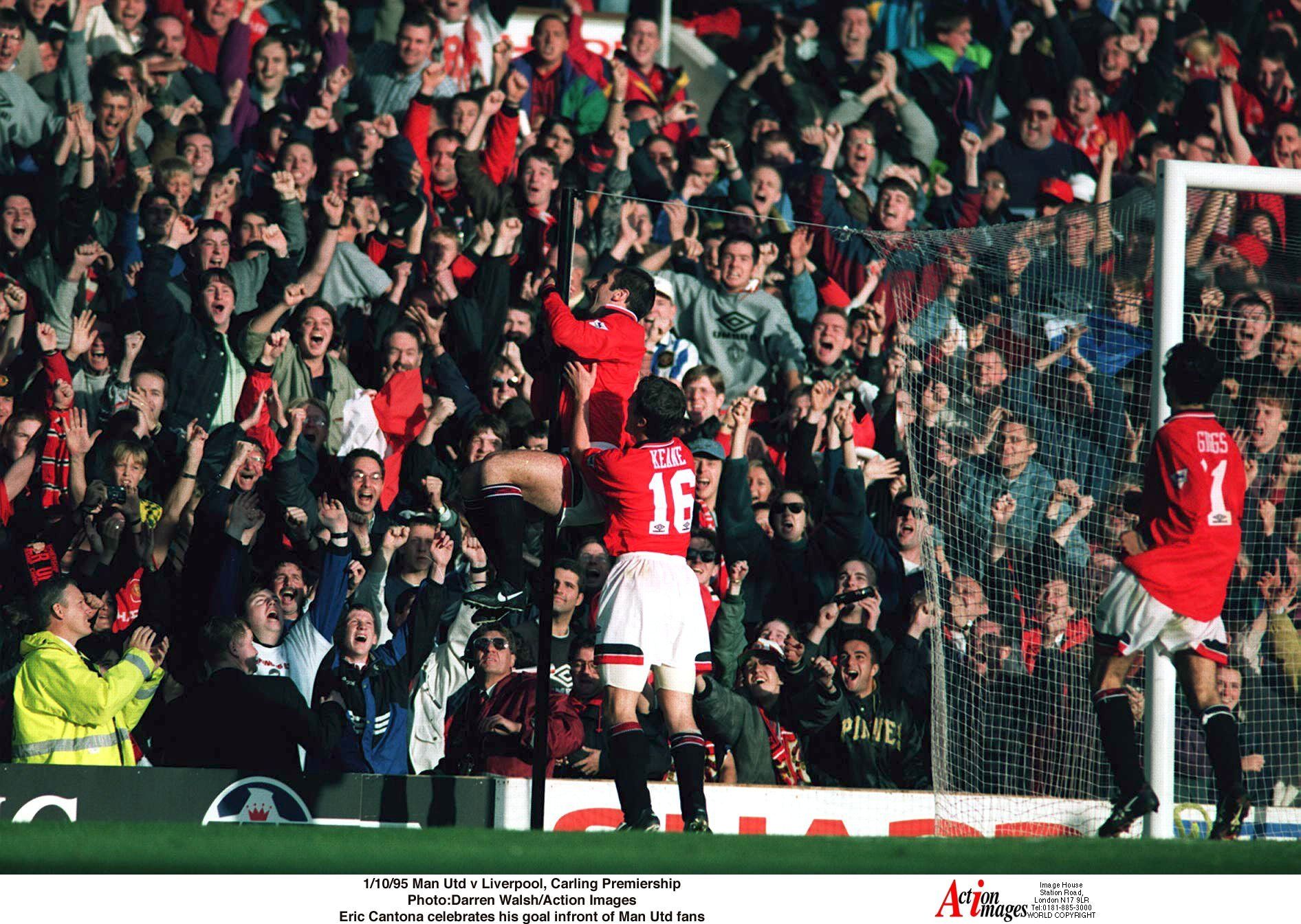 1/10/95 Manchester United v Liverpool, Carling Premiership 
Photo:Darren Walsh/Action Images 
Eric Cantona celebrates his goal infront of Manchester United fans 
Manchester United