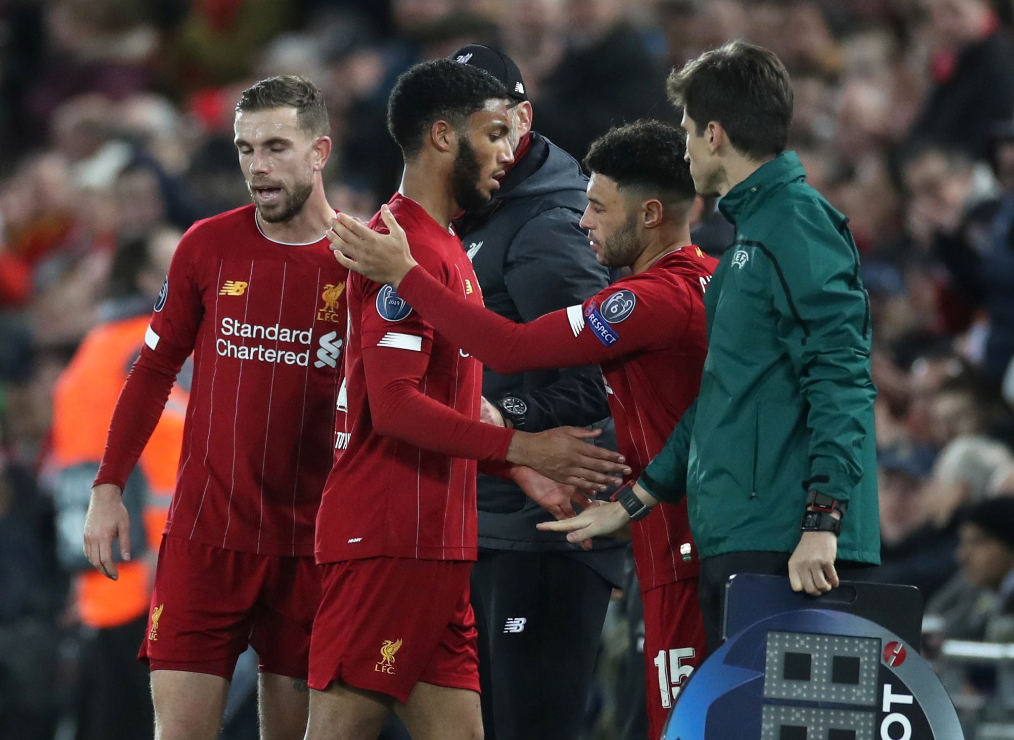 Soccer Football - Champions League - Group E - Liverpool v Napoli - Anfield, Liverpool, Britain - November 27, 2019  Liverpool's Alex Oxlade-Chamberlain comes on as a substitute to replace Joe Gomez   Action Images via Reuters/Carl Recine