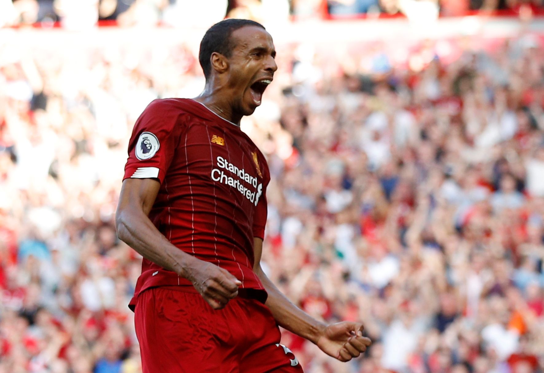 Soccer Football - Premier League - Liverpool v Arsenal - Anfield, Liverpool, Britain - August 24, 2019  Liverpool's Joel Matip celebrates scoring their first goal   REUTERS/Phil Noble  EDITORIAL USE ONLY. No use with unauthorized audio, video, data, fixture lists, club/league logos or 