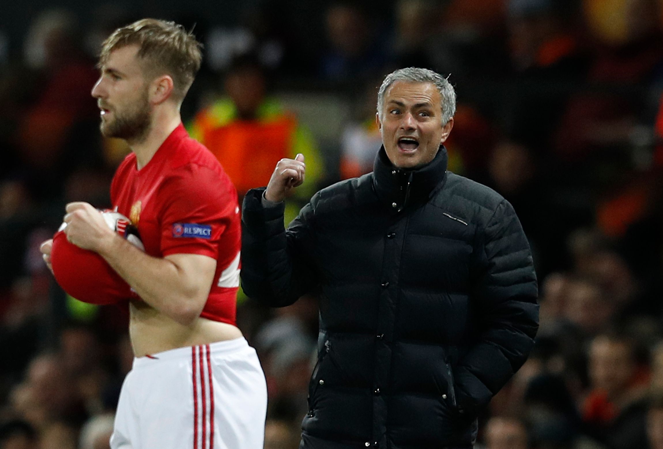 Britain Football Soccer - Manchester United v Feyenoord - UEFA Europa League Group Stage - Group A - Old Trafford, Manchester, England - 24/11/16 Manchester United's Luke Shaw prepares to take a throw as manager Jose Mourinho looks on Reuters / Phil Noble Livepic EDITORIAL USE ONLY.