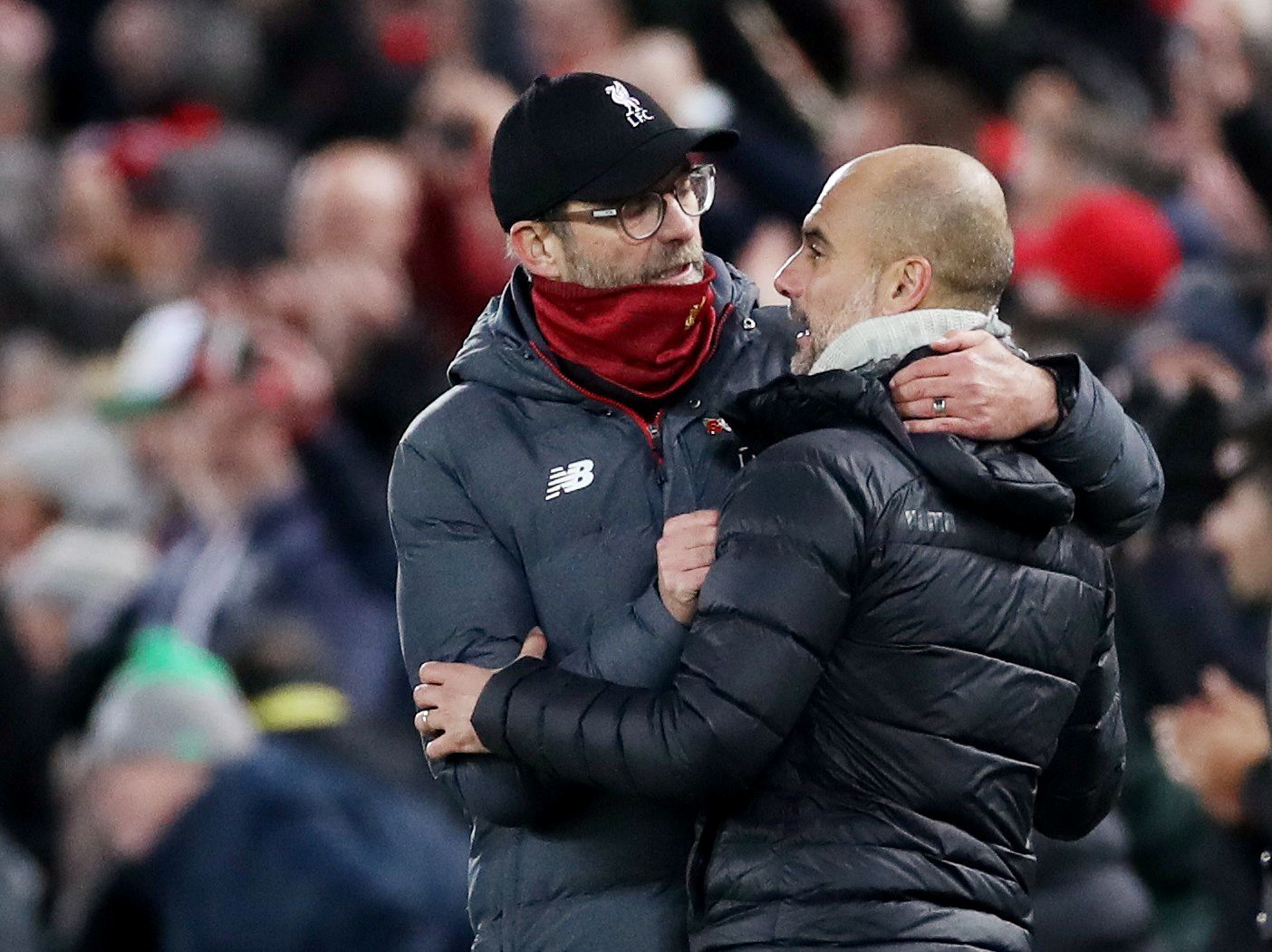 Soccer Football - Premier League - Liverpool v Manchester City - Anfield, Liverpool, Britain - November 10, 2019  Liverpool manager Juergen Klopp with Manchester City manager Pep Guardiola at the end of the match   Action Images via Reuters/Carl Recine  EDITORIAL USE ONLY. No use with unauthorized audio, video, data, fixture lists, club/league logos or 