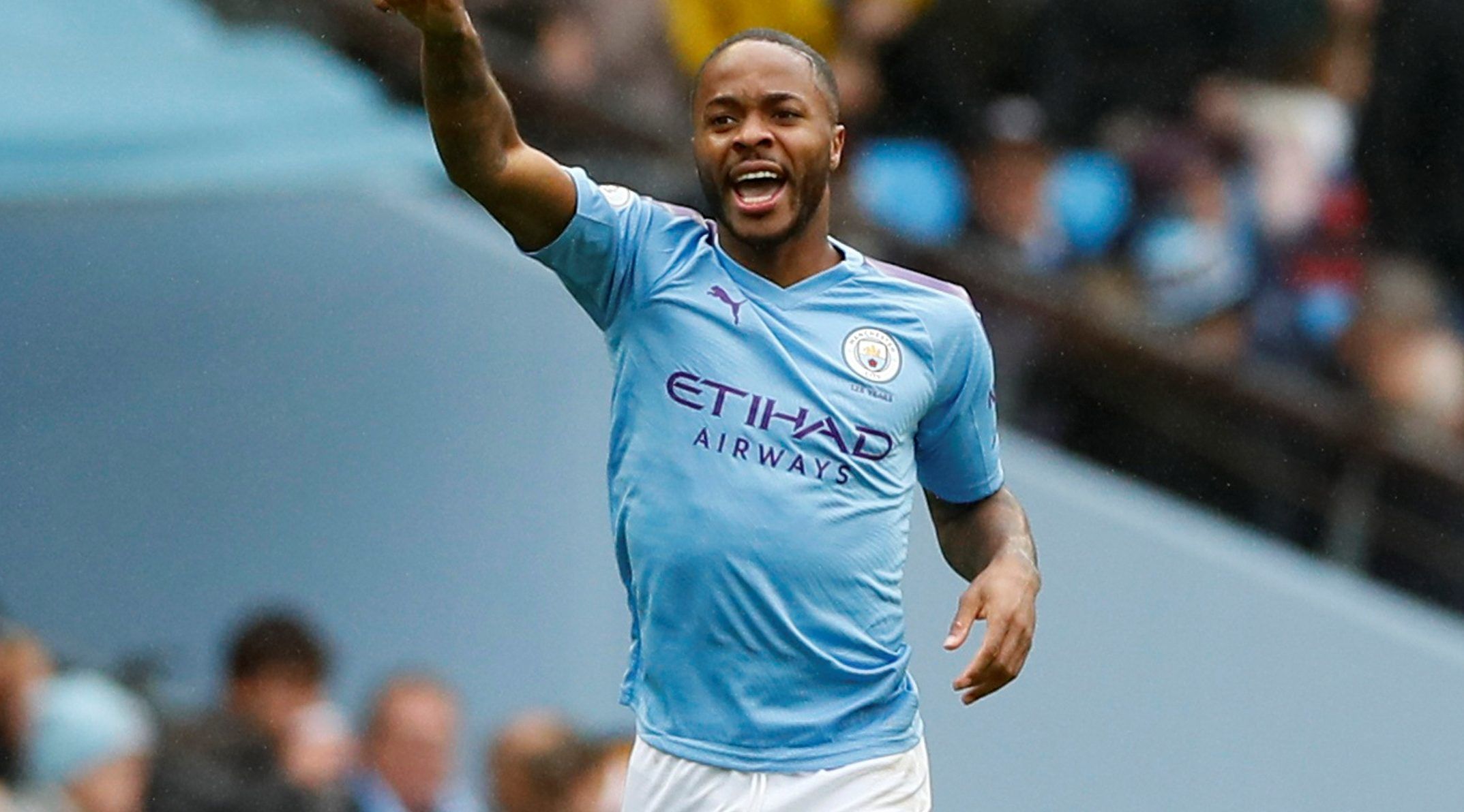 Soccer Football - Premier League - Manchester City v Aston Villa - Etihad Stadium, Manchester, Britain - October 26, 2019  Manchester City's Raheem Sterling celebrates scoring their first goal       Action Images via Reuters/Jason Cairnduff  EDITORIAL USE ONLY. No use with unauthorized audio, video, data, fixture lists, club/league logos or 