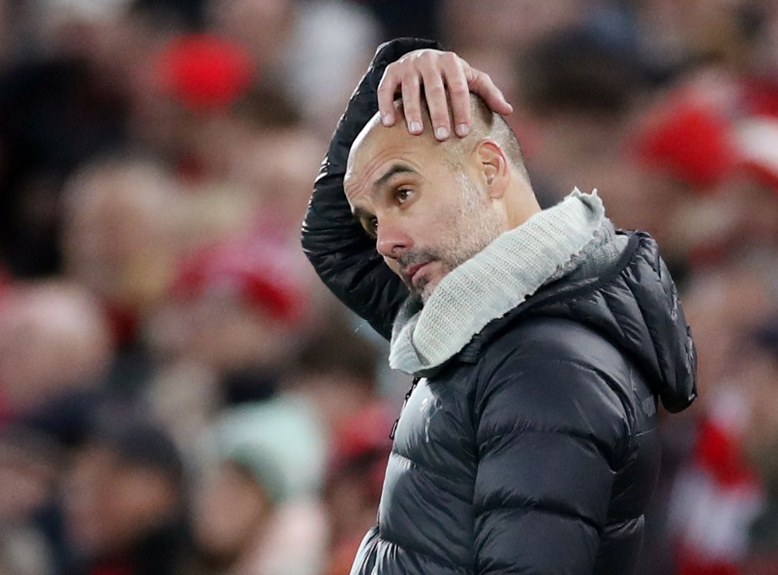 Soccer Football - Premier League - Liverpool v Manchester City - Anfield, Liverpool, Britain - November 10, 2019  Manchester City manager Pep Guardiola reacts  Action Images via Reuters/Carl Recine  EDITORIAL USE ONLY. No use with unauthorized audio, video, data, fixture lists, club/league logos or 