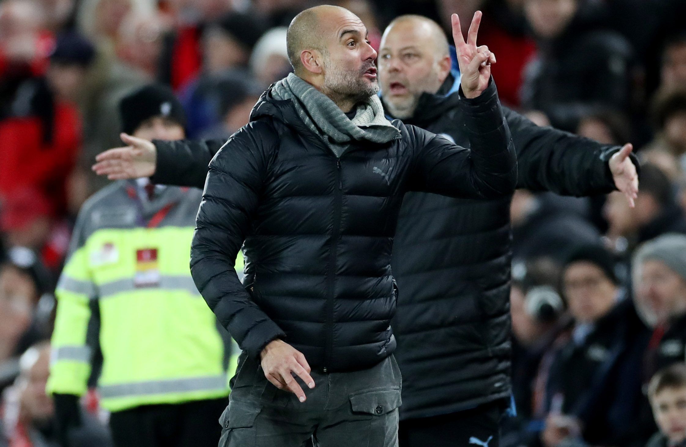 Soccer Football - Premier League - Liverpool v Manchester City - Anfield, Liverpool, Britain - November 10, 2019  Manchester City manager Pep Guardiola gestures  Action Images via Reuters/Carl Recine  EDITORIAL USE ONLY. No use with unauthorized audio, video, data, fixture lists, club/league logos or 