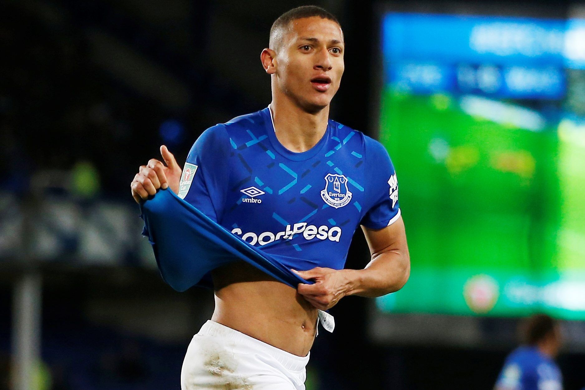 Soccer Football - Carabao Cup - Fourth Round - Everton v Watford - Goodison Park, Liverpool, Britain - October 29, 2019  Everton's Richarlison celebrates scoring their second goal                  Action Images via Reuters/Craig Brough  EDITORIAL USE ONLY. No use with unauthorized audio, video, data, fixture lists, club/league logos or 