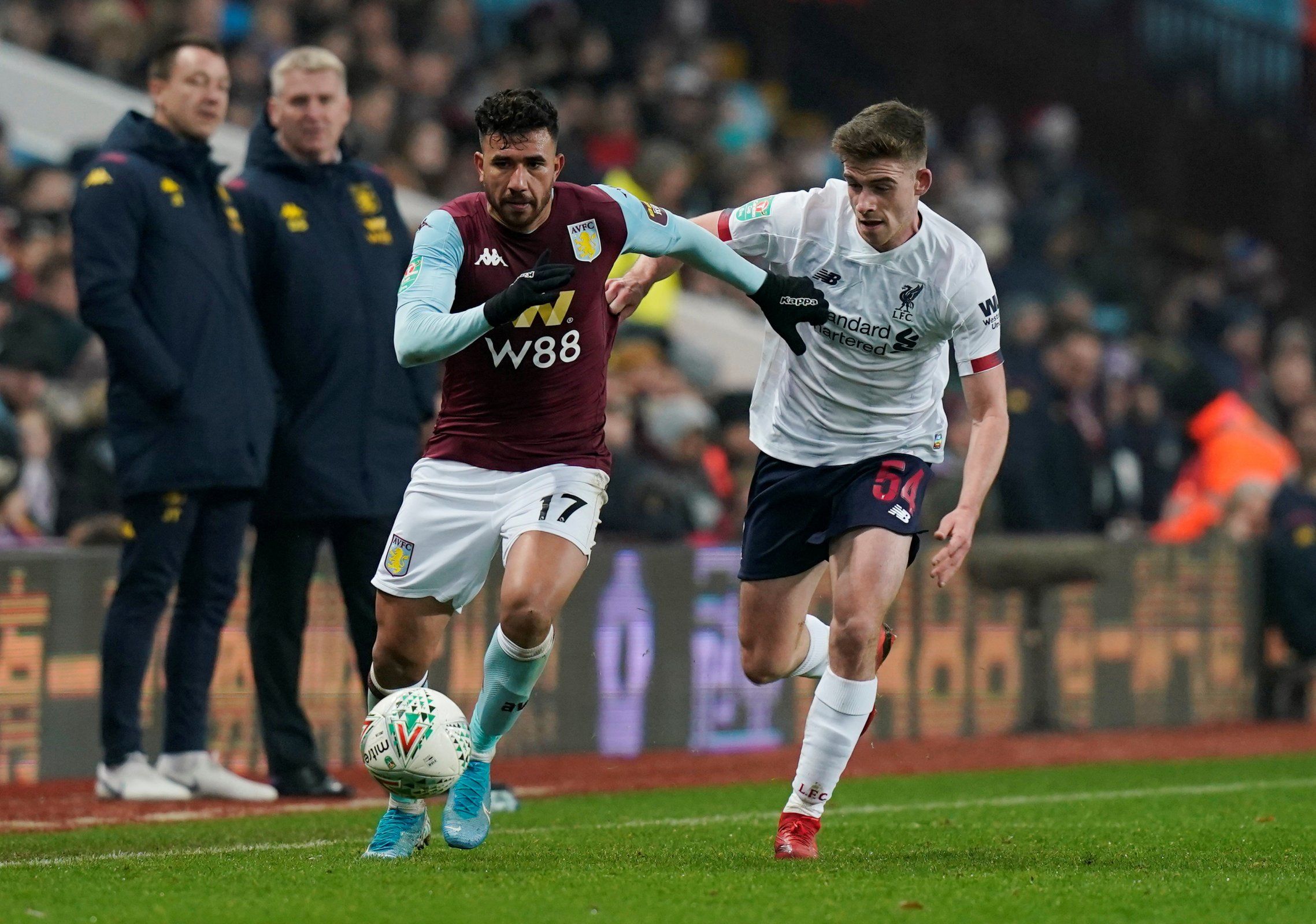 Aston Villa's Trezeguet in action with Liverpool's Tony Gallacher