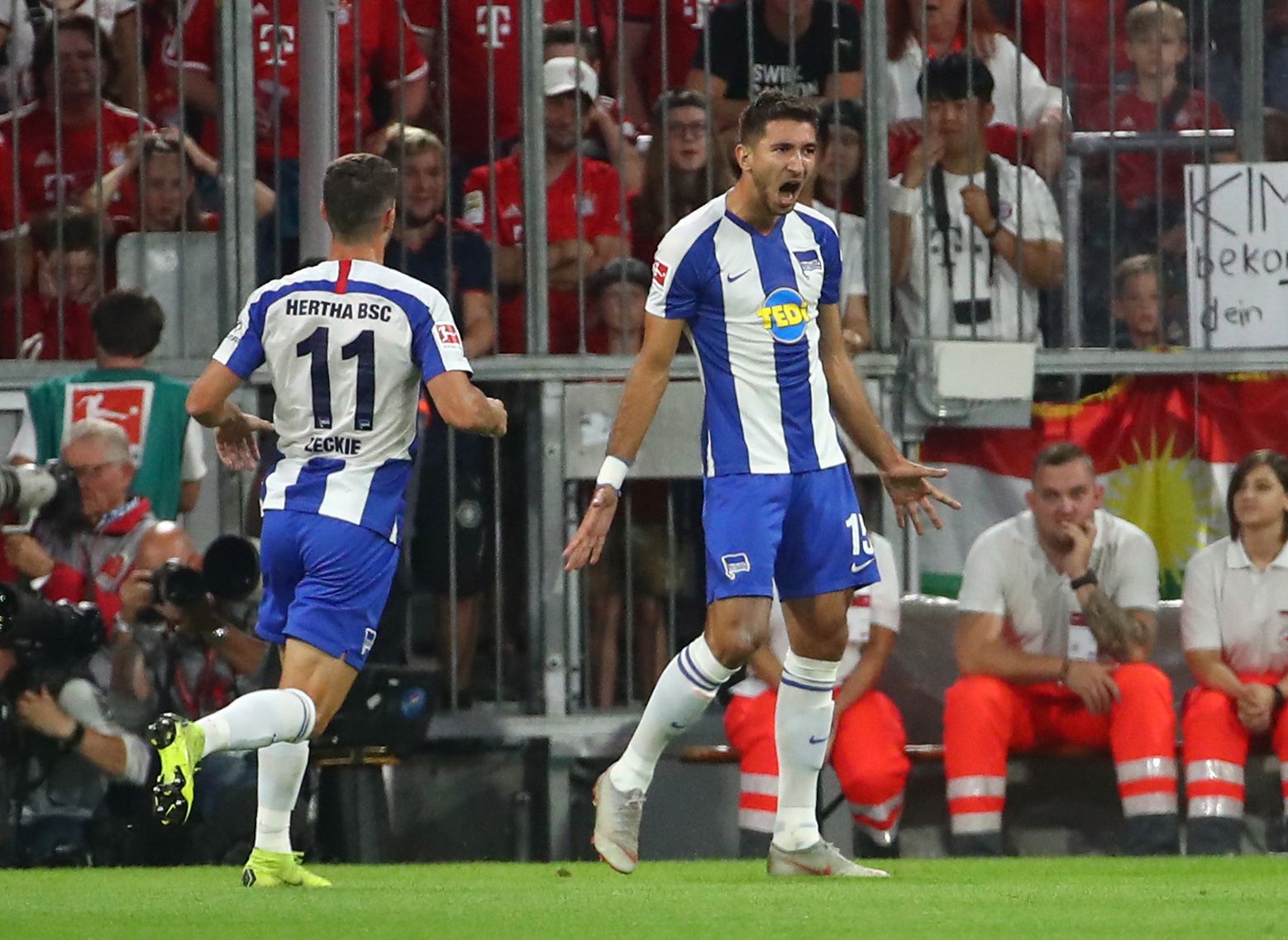 Soccer Football - Bundesliga - Bayern Munich v Hertha BSC - Allianz Arena, Munich, Germany - August 16, 2019   Hertha BSC's Marko Grujic celebrates scoring their second goal               REUTERS/Michael Dalder    DFL regulations prohibit any use of photographs as image sequences and/or quasi-video