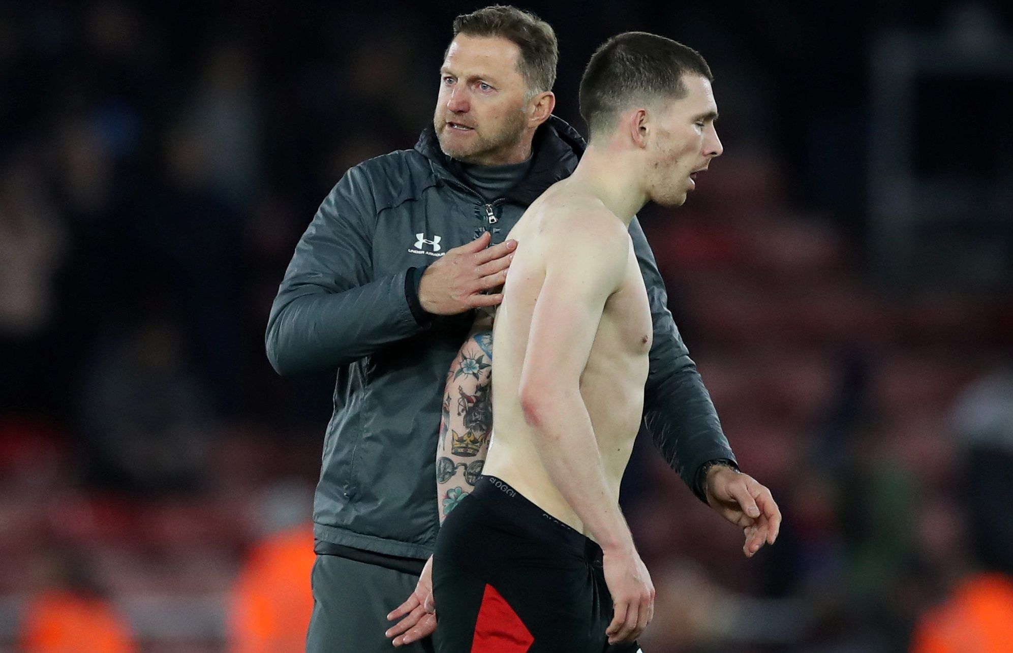 Soccer Football - Premier League - Southampton v Crystal Palace - St Mary's Stadium, Southampton, Britain - December 28, 2019  Southampton manager Ralph Hasenhuttl with Pierre-Emile Hojbjerg after the match   Action Images via Reuters/Peter Cziborra  EDITORIAL USE ONLY. No use with unauthorized audio, video, data, fixture lists, club/league logos or 