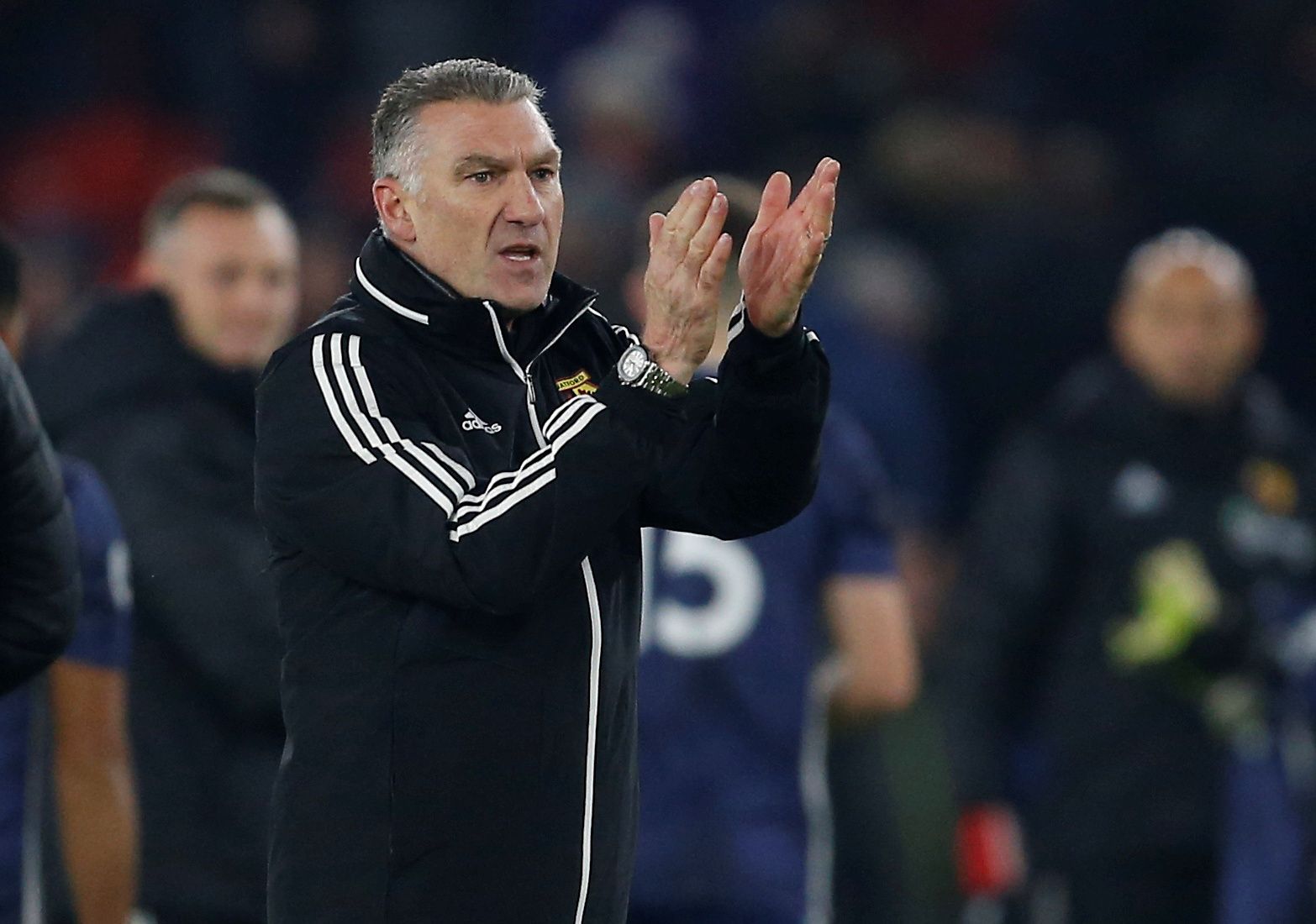 Soccer Football - Premier League - Sheffield United v Watford- Bramall Lane, Sheffield, Britain - December 26, 2019  Watford manager Nigel Pearson applauds fans after the match           Action Images via Reuters/Craig Brough  EDITORIAL USE ONLY. No use with unauthorized audio, video, data, fixture lists, club/league logos or 