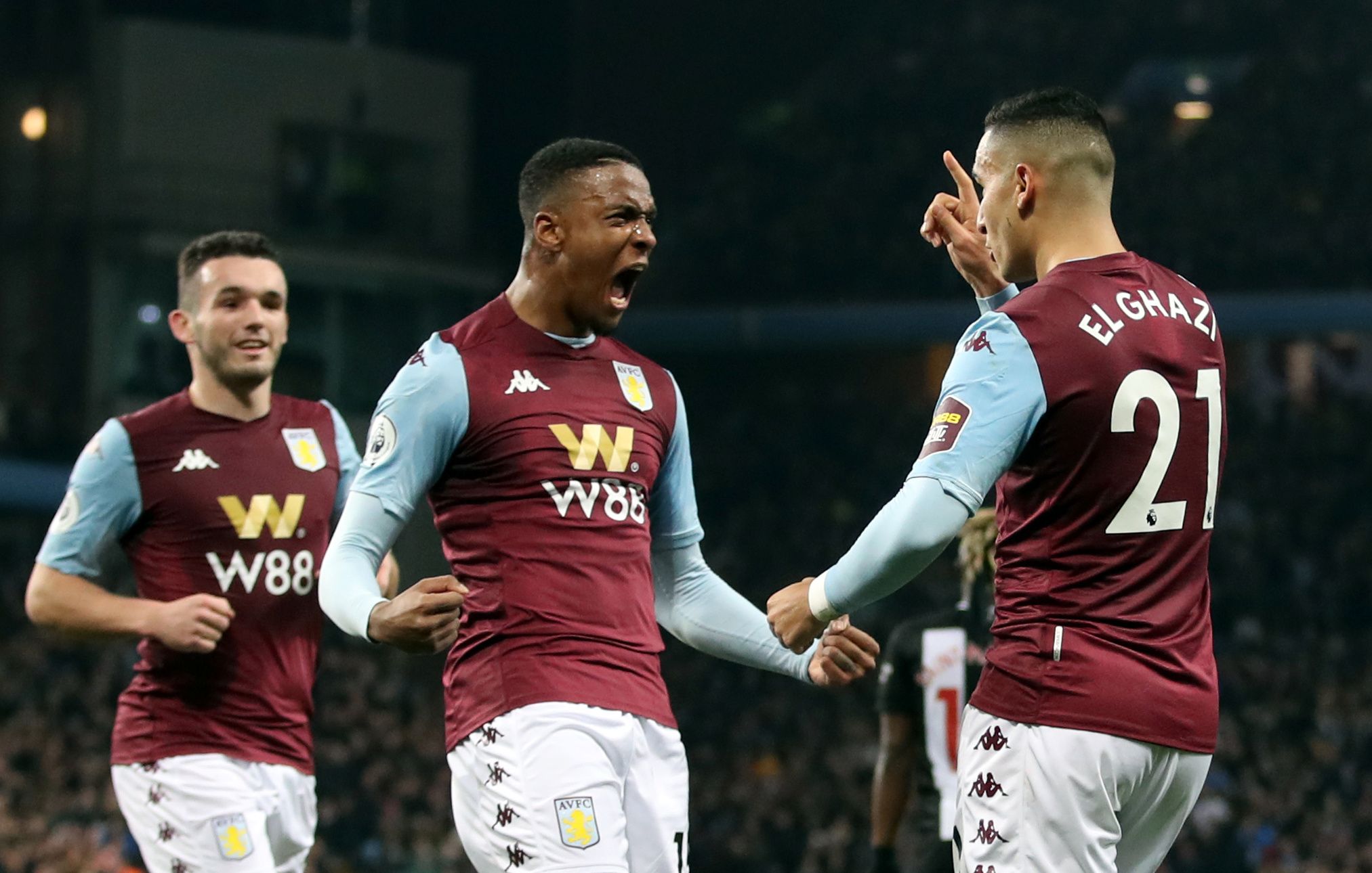 Soccer Football - Premier League - Aston Villa v Newcastle United - Villa Park, Birmingham, Britain - November 25, 2019   Aston Villa's Anwar El Ghazi celebrates scoring their second goal with Ezri Konsa and John McGinn    Action Images via Reuters/Carl Recine    EDITORIAL USE ONLY. No use with unauthorized audio, video, data, fixture lists, club/league logos or "live" services. Online in-match use limited to 75 images, no video emulation. No use in betting, games or single club/league/player pu