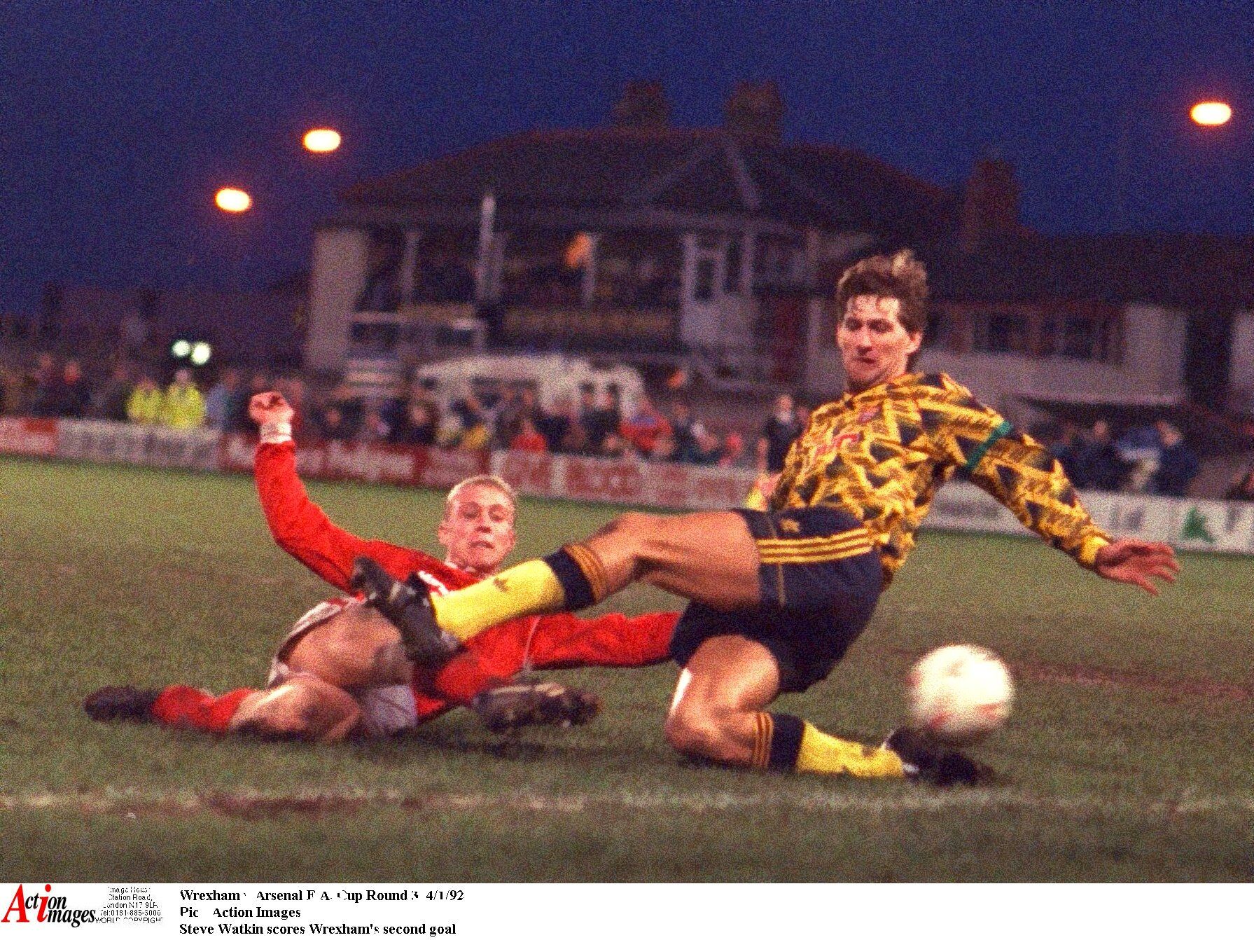 Wrexham v Arsenal FA Cup  Round 3  4/1/92 
Pic : Action Images 
Steve Watkin scores Wrexham's second goal