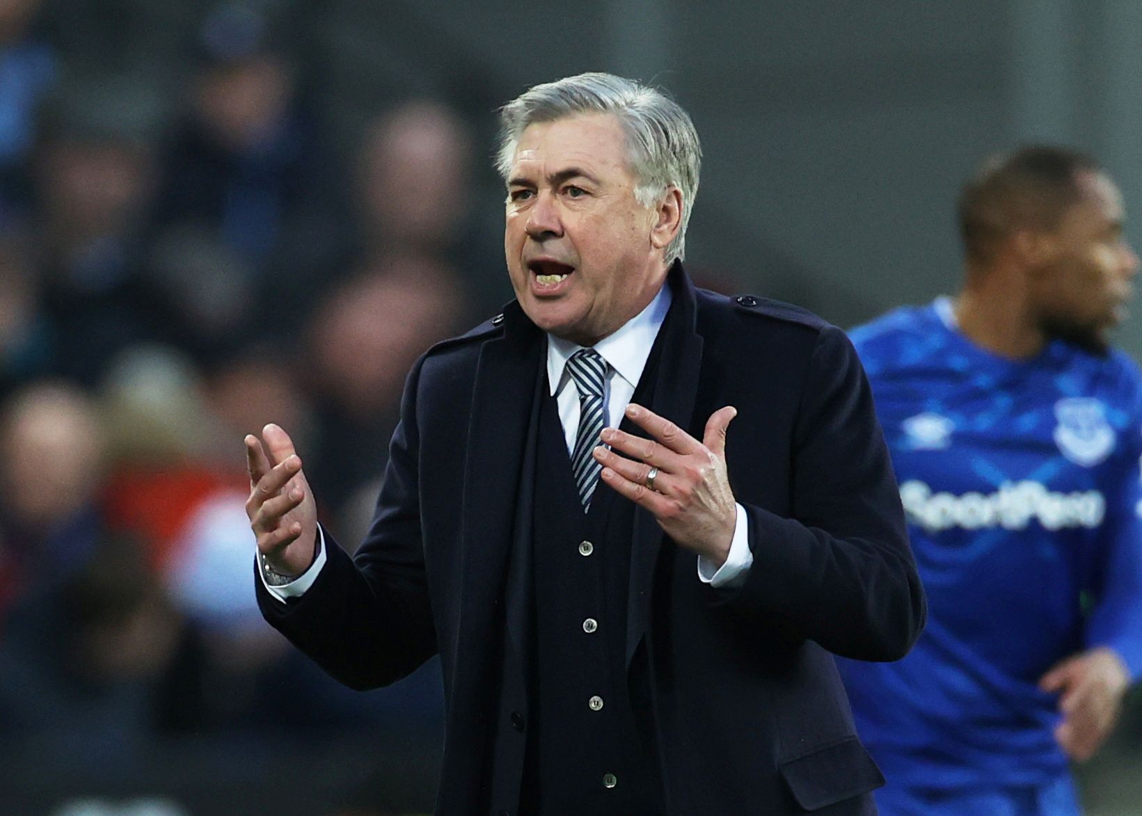 Soccer Football - Premier League - West Ham United v Everton - London Stadium, London, Britain - January 18, 2020  Everton manager Carlo Ancelotti reacts REUTERS/Eddie Keogh  EDITORIAL USE ONLY. No use with unauthorized audio, video, data, fixture lists, club/league logos or "live" services. Online in-match use limited to 75 images, no video emulation. No use in betting, games or single club/league/player publications.  Please contact your account representative for further details.