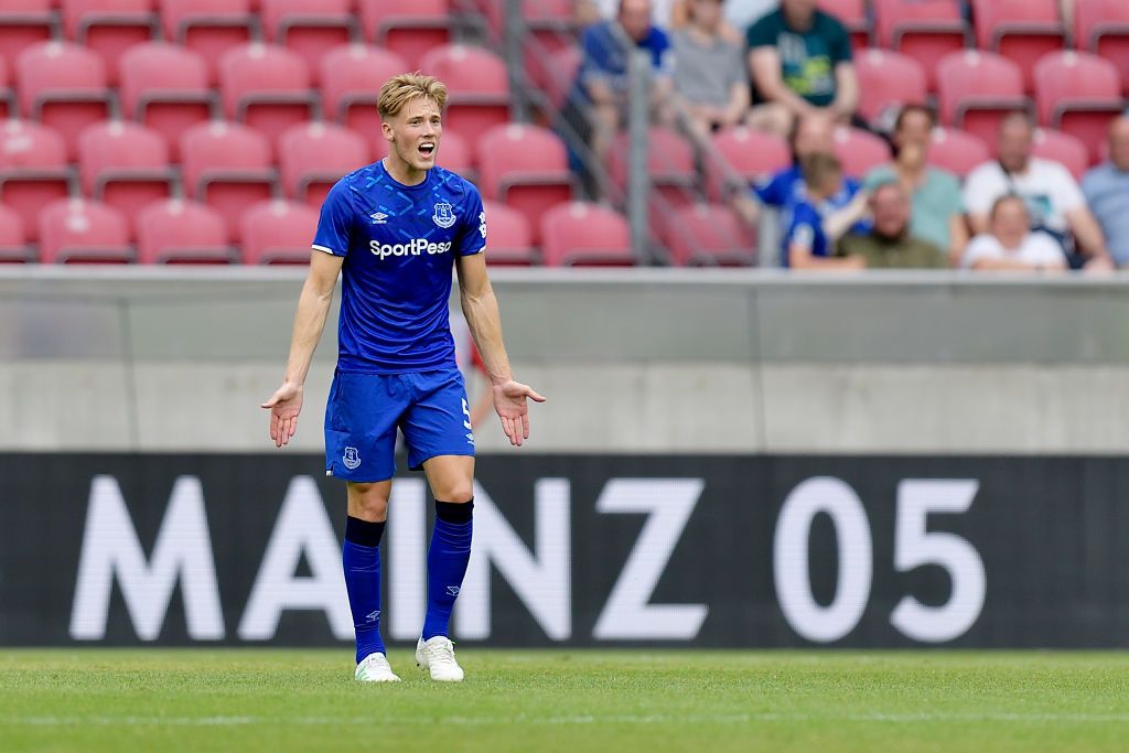 MAINZ, GERMANY - JULY 27:  Lewis Gibson of Everton during the 1. FSV Mainz 05 v FC Everton OPEL Cup Match on July 27, 2019 at the Opel Arena on July 27, 2019 in Mainz, Germany. (Photo by Tony McArdle/Everton FC via Getty Images)