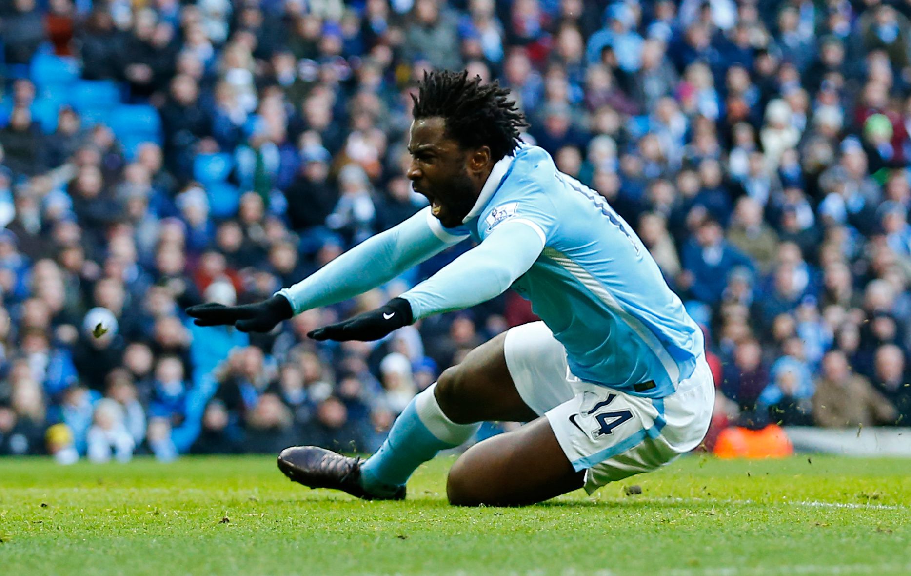 Football Soccer - Manchester City v Aston Villa - Barclays Premier League - Etihad Stadium - 5/3/16 
Manchester City's Wilfried Bony goes down 
Reuters / Darren Staples 
Livepic 
EDITORIAL USE ONLY. No use with unauthorized audio, video, data, fixture lists, club/league logos or "live" services. Online in-match use limited to 45 images, no video emulation. No use in betting, games or single club/league/player publications.  Please contact your account representative for further details.