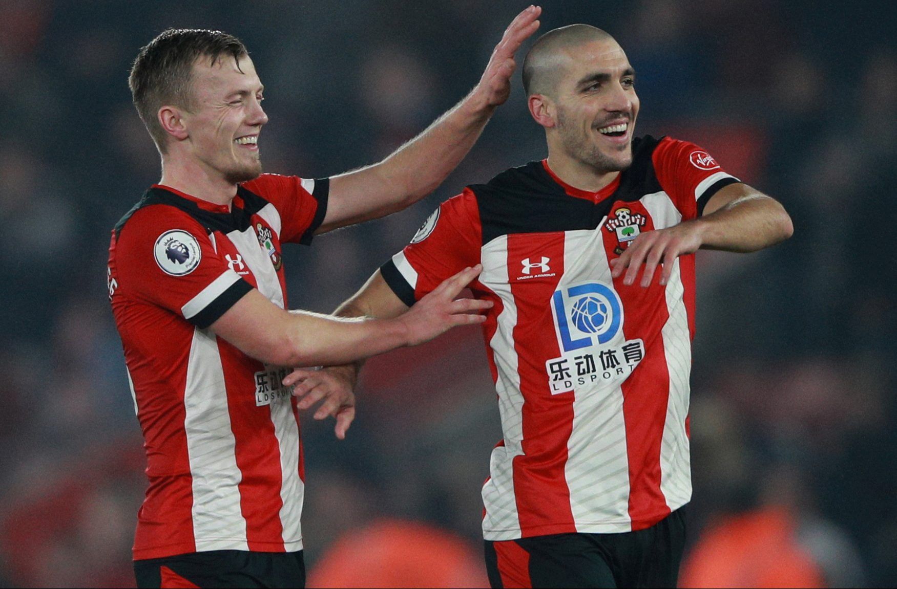 Soccer Football - Premier League - Southampton v Tottenham Hotspur - St Mary's Stadium, Southampton, Britain - January 1, 2020  Southampton's James Ward-Prowse and Oriol Romeu celebrate after the match          REUTERS/Ian Walton  EDITORIAL USE ONLY. No use with unauthorized audio, video, data, fixture lists, club/league logos or 