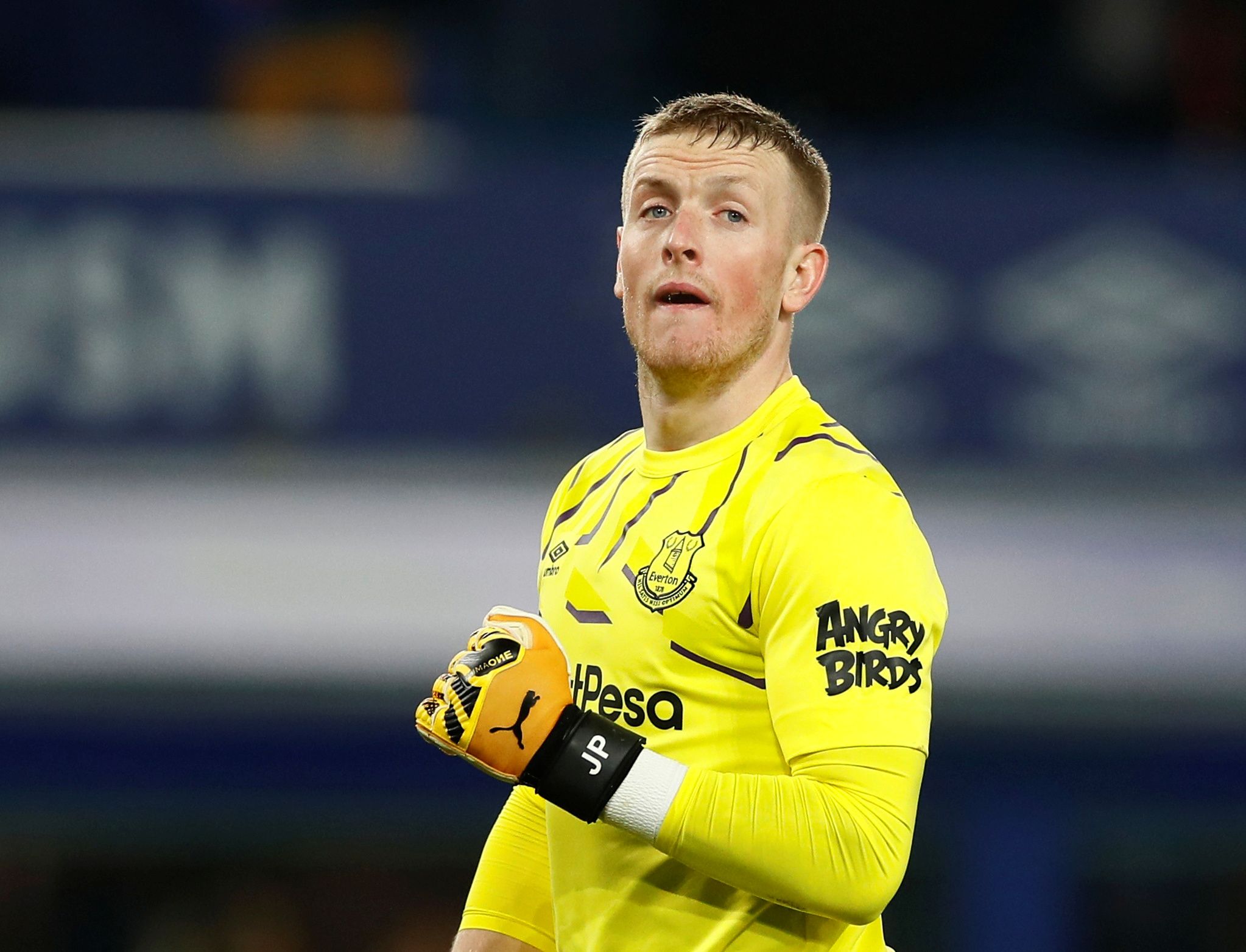 Soccer Football - Premier League - Everton v Newcastle United - Goodison Park, Liverpool, Britain - January 21, 2020  Everton's Jordan Pickford reacts   Action Images via Reuters/Jason Cairnduff  EDITORIAL USE ONLY. No use with unauthorized audio, video, data, fixture lists, club/league logos or 