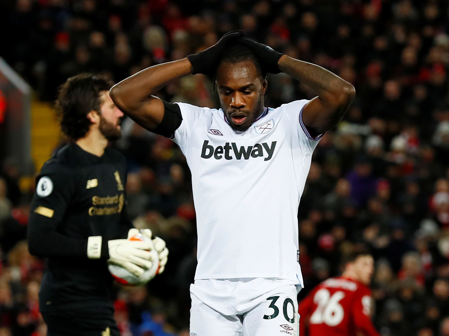 Soccer Football - Premier League - Liverpool v West Ham United - Anfield, Liverpool, Britain - February 24, 2020  West Ham United's Michail Antonio reacts after a missed chance  Action Images via Reuters/Jason Cairnduff  EDITORIAL USE ONLY. No use with unauthorized audio, video, data, fixture lists, club/league logos or 