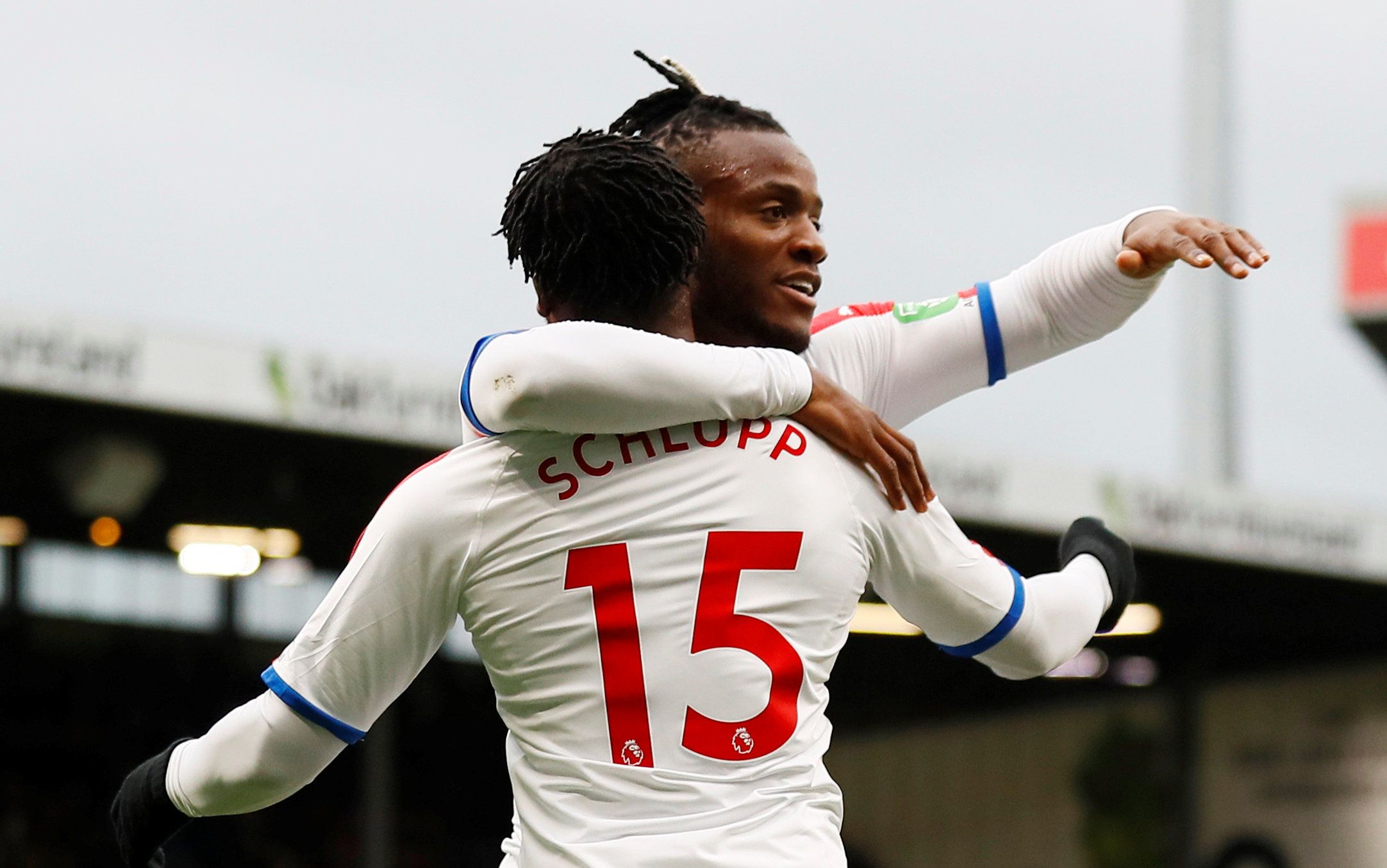 Soccer Football - Premier League - Burnley v Crystal Palace - Turf Moor, Burnley, Britain - March 2, 2019  Crystal Palace's Michy Batshuayi celebrates their first goal with Jeffrey Schlupp   Action Images via Reuters/Jason Cairnduff  EDITORIAL USE ONLY. No use with unauthorized audio, video, data, fixture lists, club/league logos or "live" services. Online in-match use limited to 75 images, no video emulation. No use in betting, games or single club/league/player publications.  Please contact yo