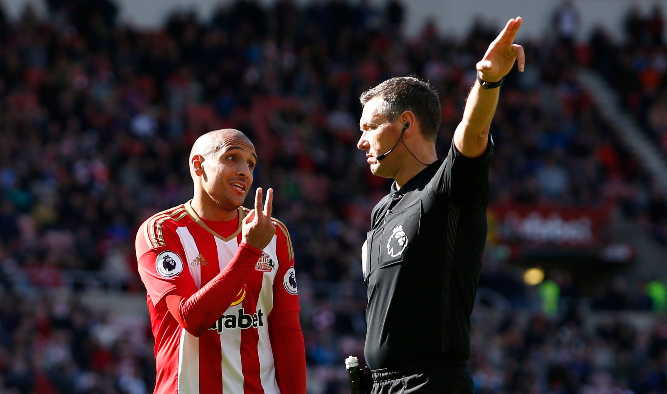 Britain Soccer Football - Sunderland v West Ham United - Premier League - Stadium of Light - 15/4/17 Sunderland's Wahbi Khazri speaks to referee Andre Marriner Action Images via Reuters / Ed Sykes Livepic EDITORIAL USE ONLY. No use with unauthorized audio, video, data, fixture lists, club/league logos or "live" services. Online in-match use limited to 45 images, no video emulation. No use in betting, games or single club/league/player publications.  Please contact your account representative for