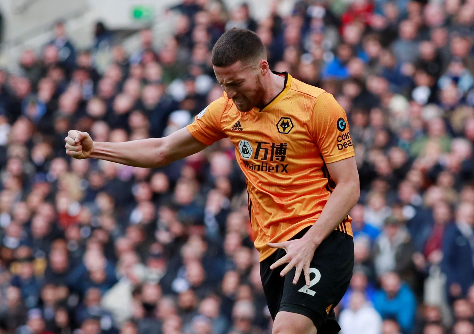 Soccer Football - Premier League - Tottenham Hotspur v Wolverhampton Wanderers - Tottenham Hotspur Stadium, London, Britain - March 1, 2020  Wolverhampton Wanderers' Matt Doherty celebrates scoring their first goal    Action Images via Reuters/Andrew Couldridge  EDITORIAL USE ONLY. No use with unauthorized audio, video, data, fixture lists, club/league logos or 
