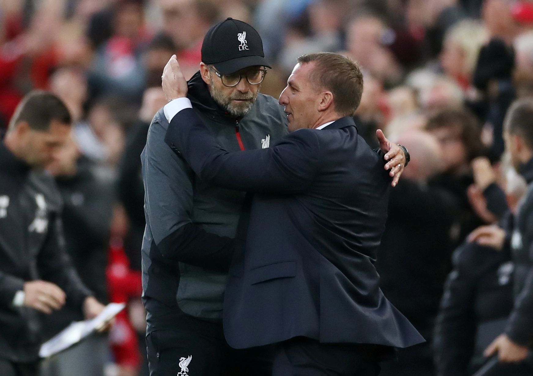 Soccer Football - Premier League - Liverpool v Leicester City - Anfield, Liverpool, Britain - October 5, 2019  Liverpool manager Juergen Klopp shakes hands with Leicester City manager Brendan Rodgers after the match   Action Images via Reuters/Carl Recine  EDITORIAL USE ONLY. No use with unauthorized audio, video, data, fixture lists, club/league logos or 