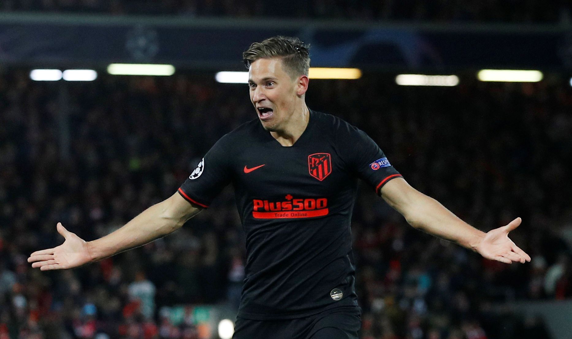 Soccer Football - Champions League - Round of 16 Second Leg - Liverpool v Atletico Madrid - Anfield, Liverpool, Britain - March 11, 2020  Atletico Madrid's Marcos Llorente celebrates scoring their second goal   REUTERS/Phil Noble